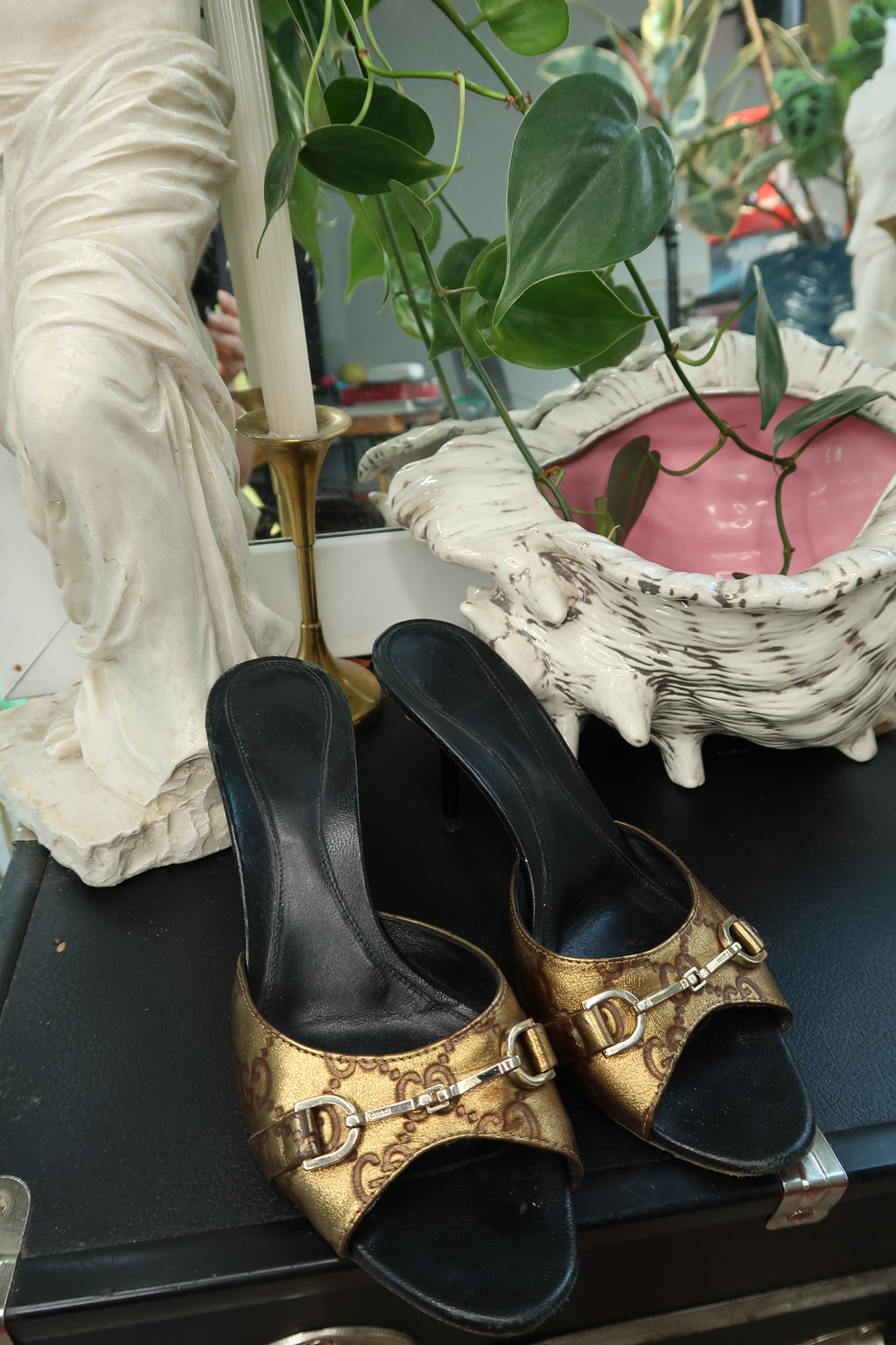 Vintage Gucci GG Monogram Horsebit Mules – Metallic Gold & Black