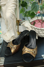 Load image into Gallery viewer, Vintage Gucci GG Monogram Horsebit Mules – Metallic Gold &amp; Black
