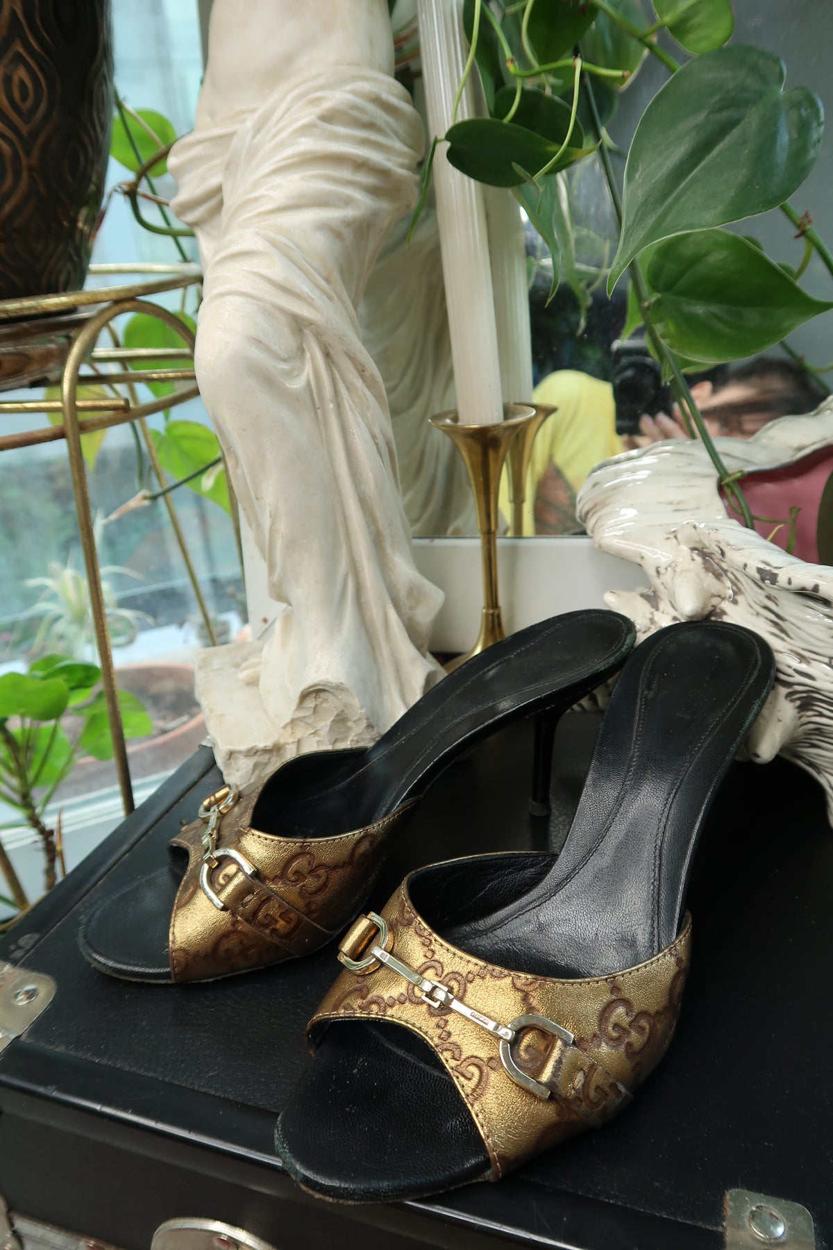 Vintage Gucci GG Monogram Horsebit Mules – Metallic Gold & Black