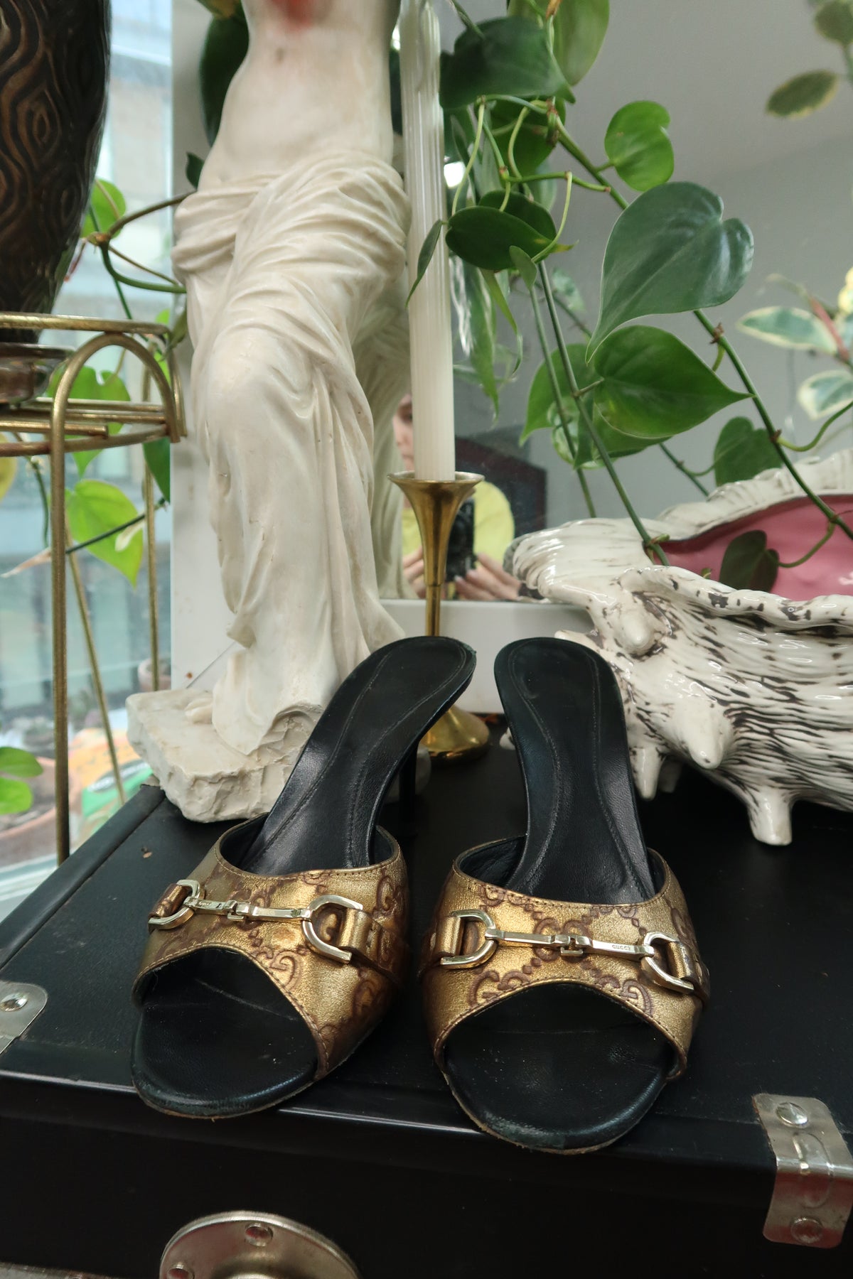 Vintage Gucci GG Monogram Horsebit Mules – Metallic Gold & Black