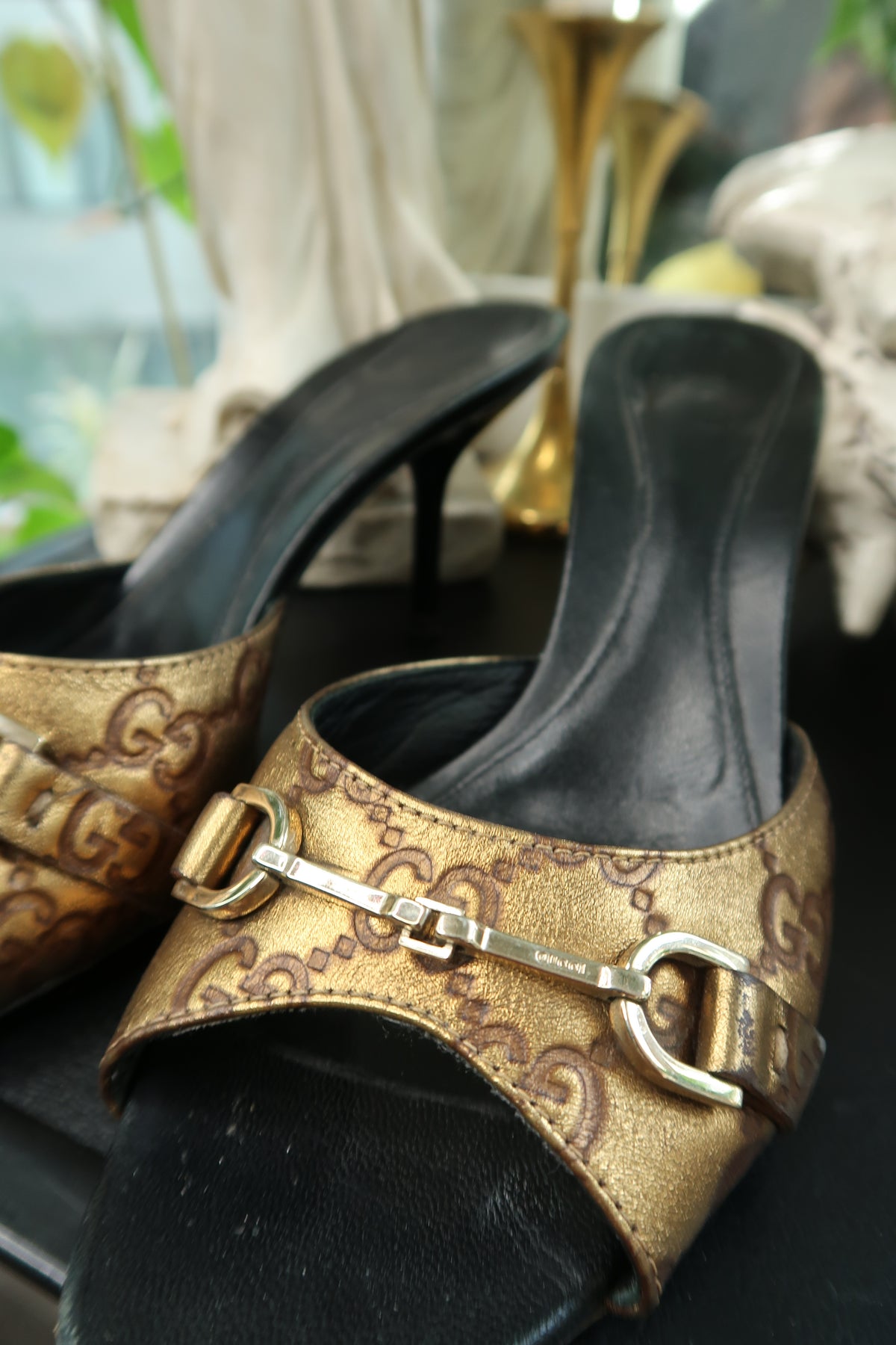 Vintage Gucci GG Monogram Horsebit Mules – Metallic Gold & Black