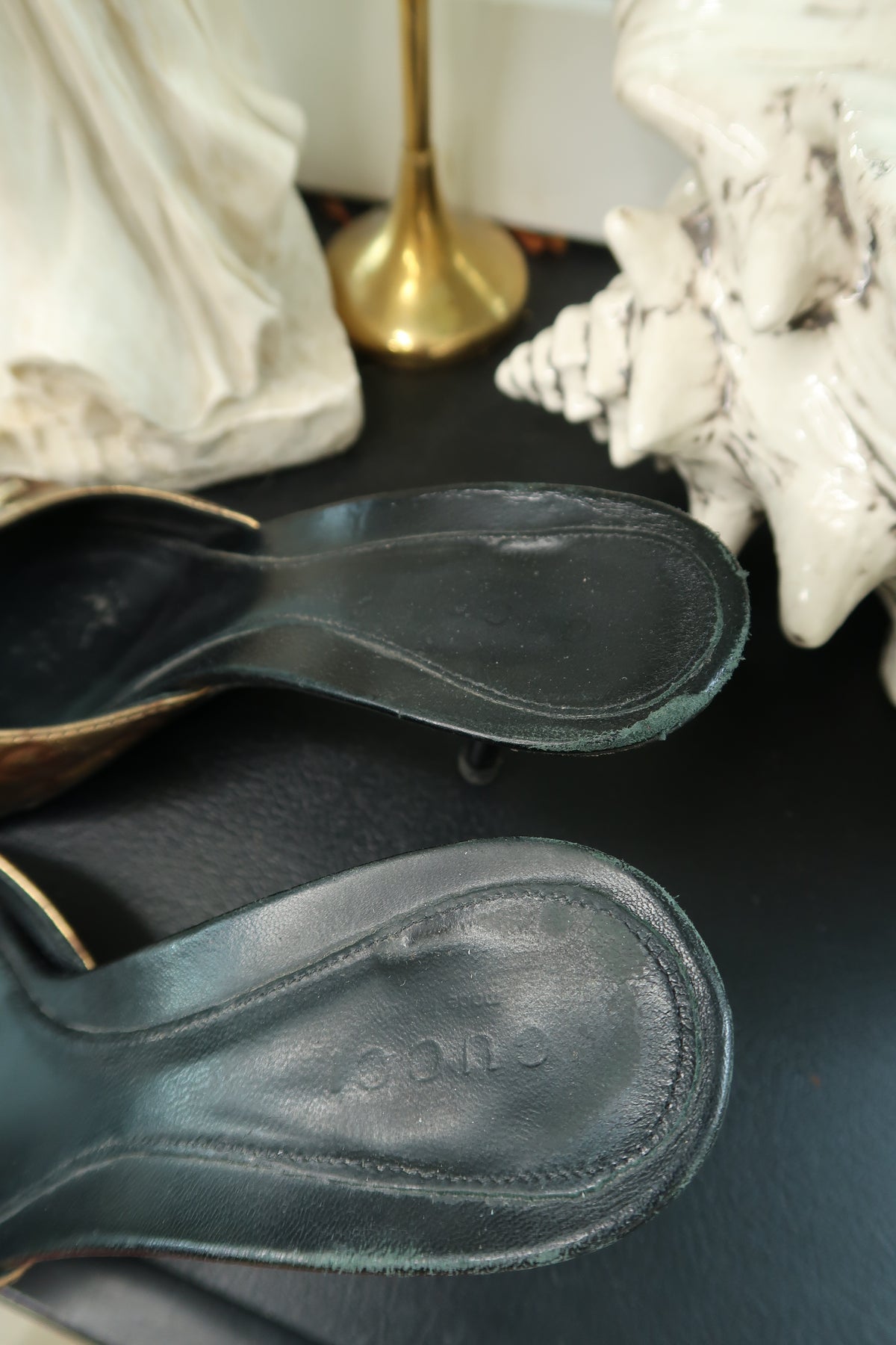 Vintage Gucci GG Monogram Horsebit Mules – Metallic Gold & Black