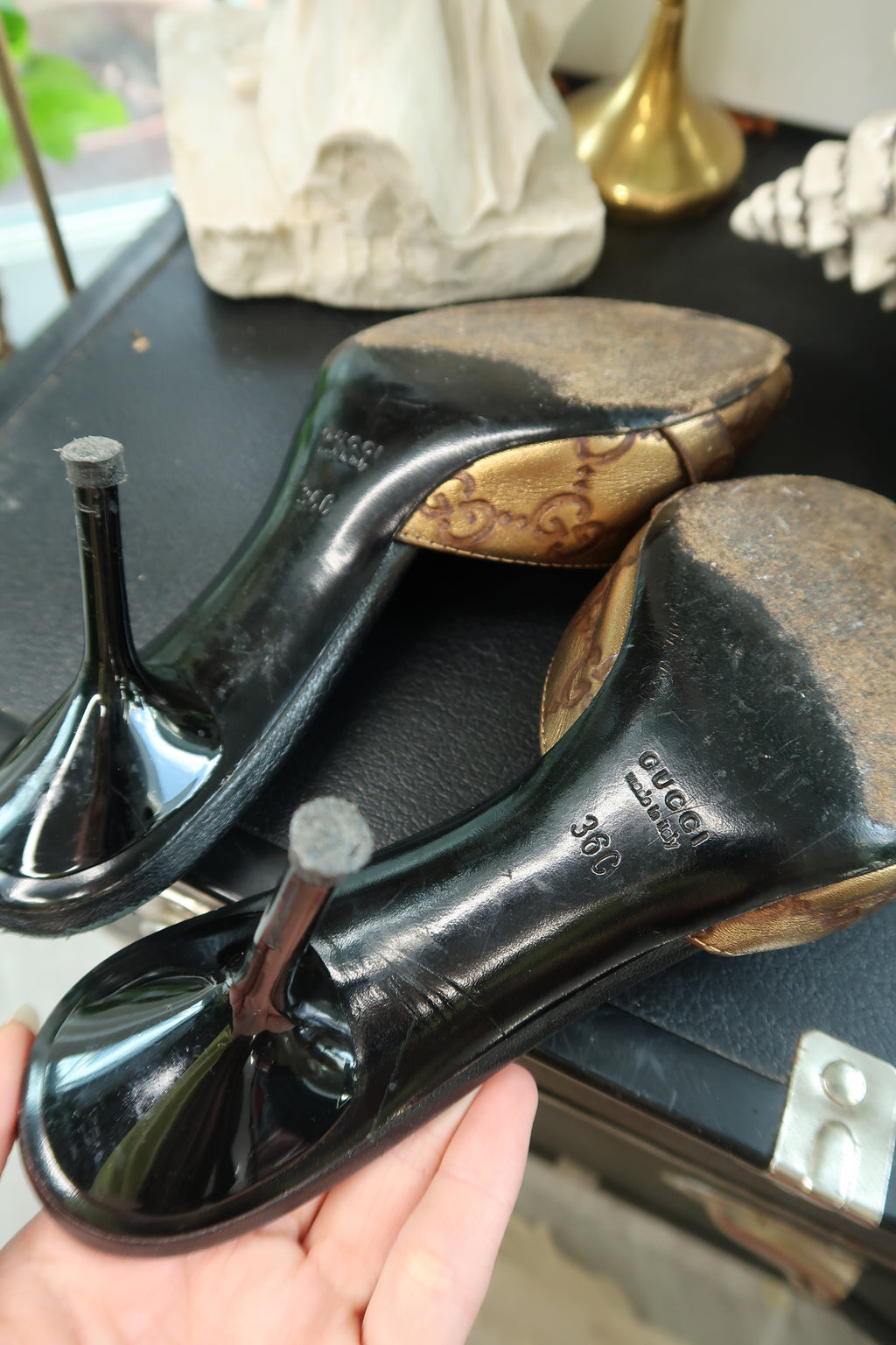 Vintage Gucci GG Monogram Horsebit Mules – Metallic Gold & Black