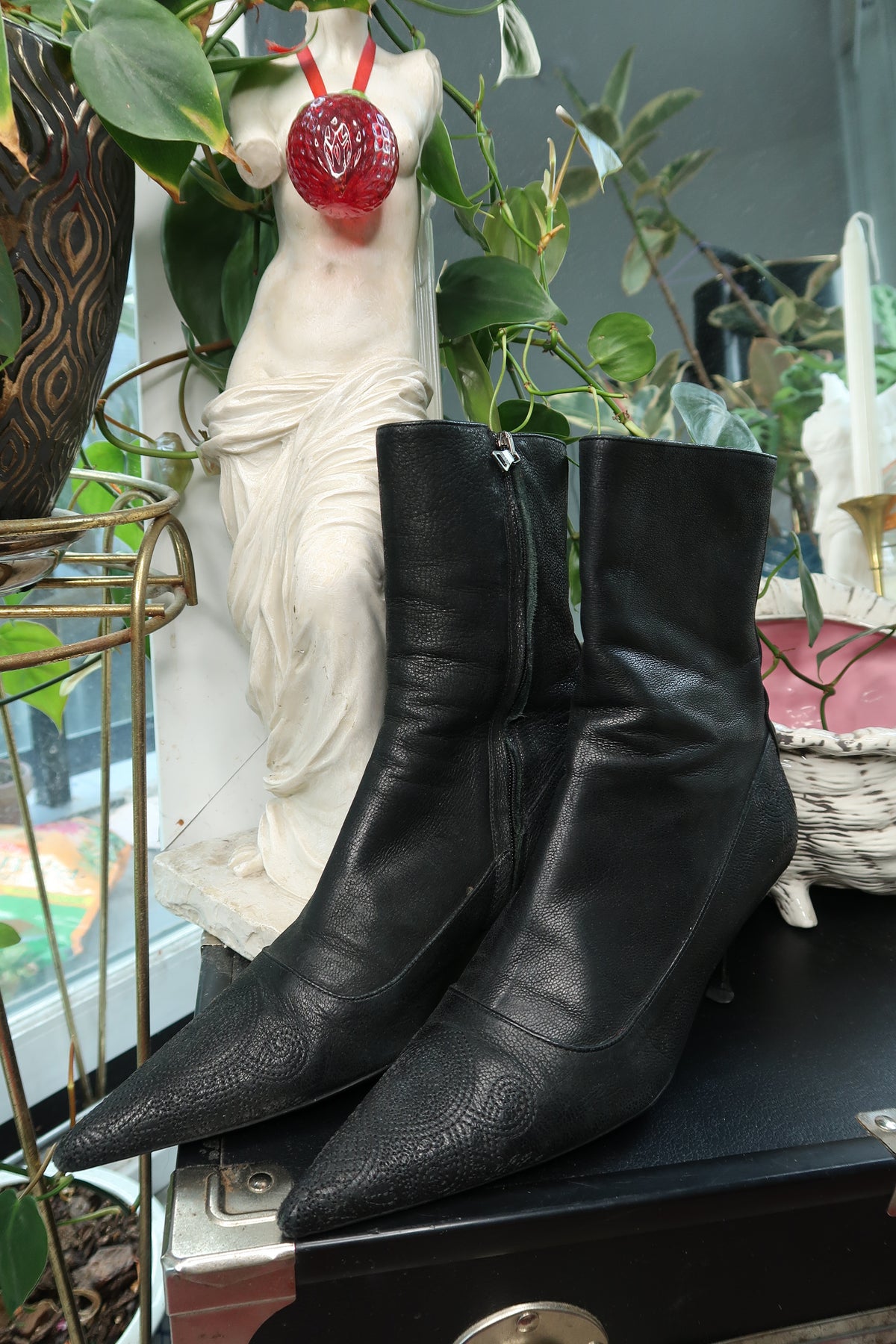 Vintage Prada Black Leather Kitten Heel Boots – Pointed Toe Mid-Calf Boots