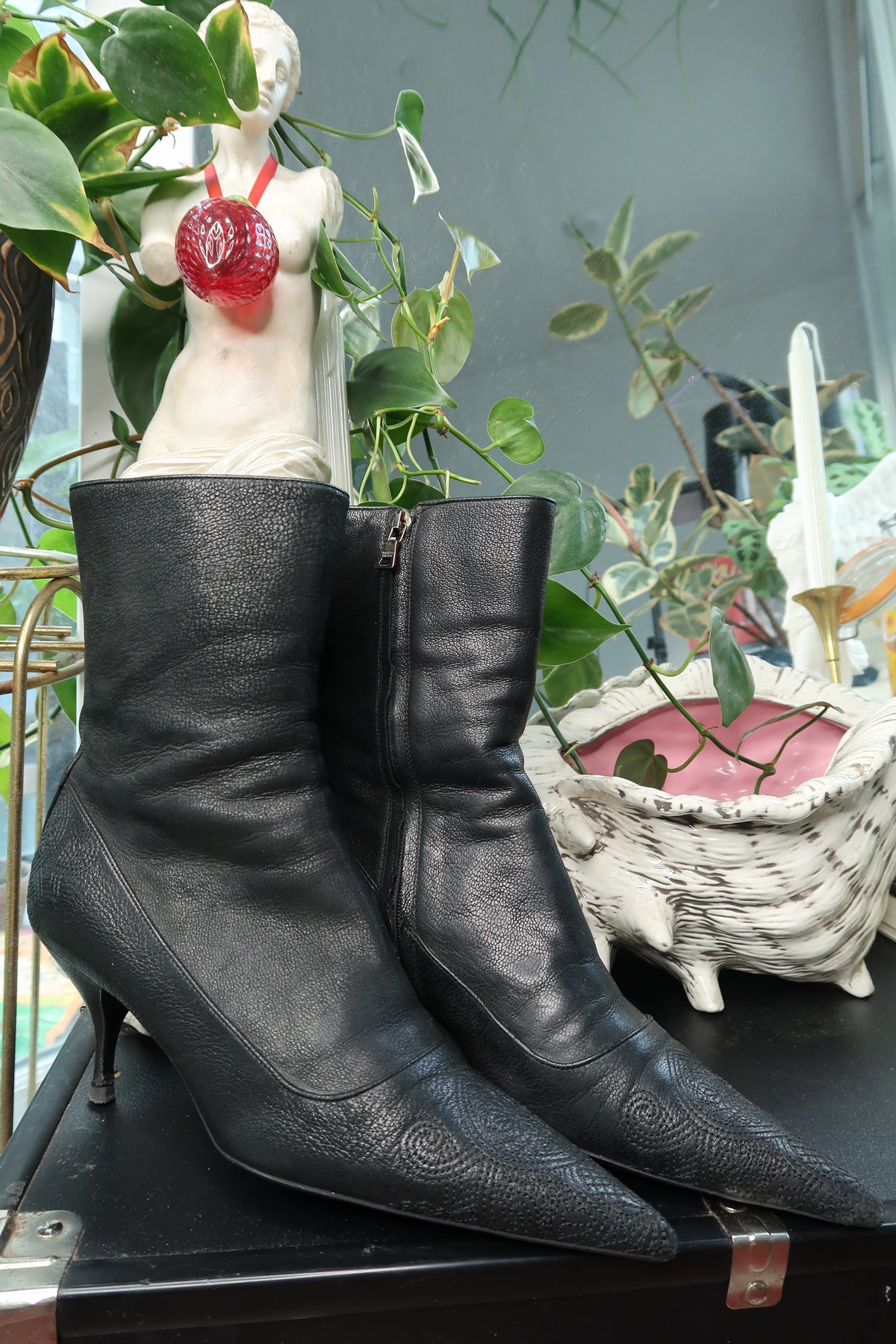 Vintage Prada Black Leather Kitten Heel Boots – Pointed Toe Mid-Calf Boots