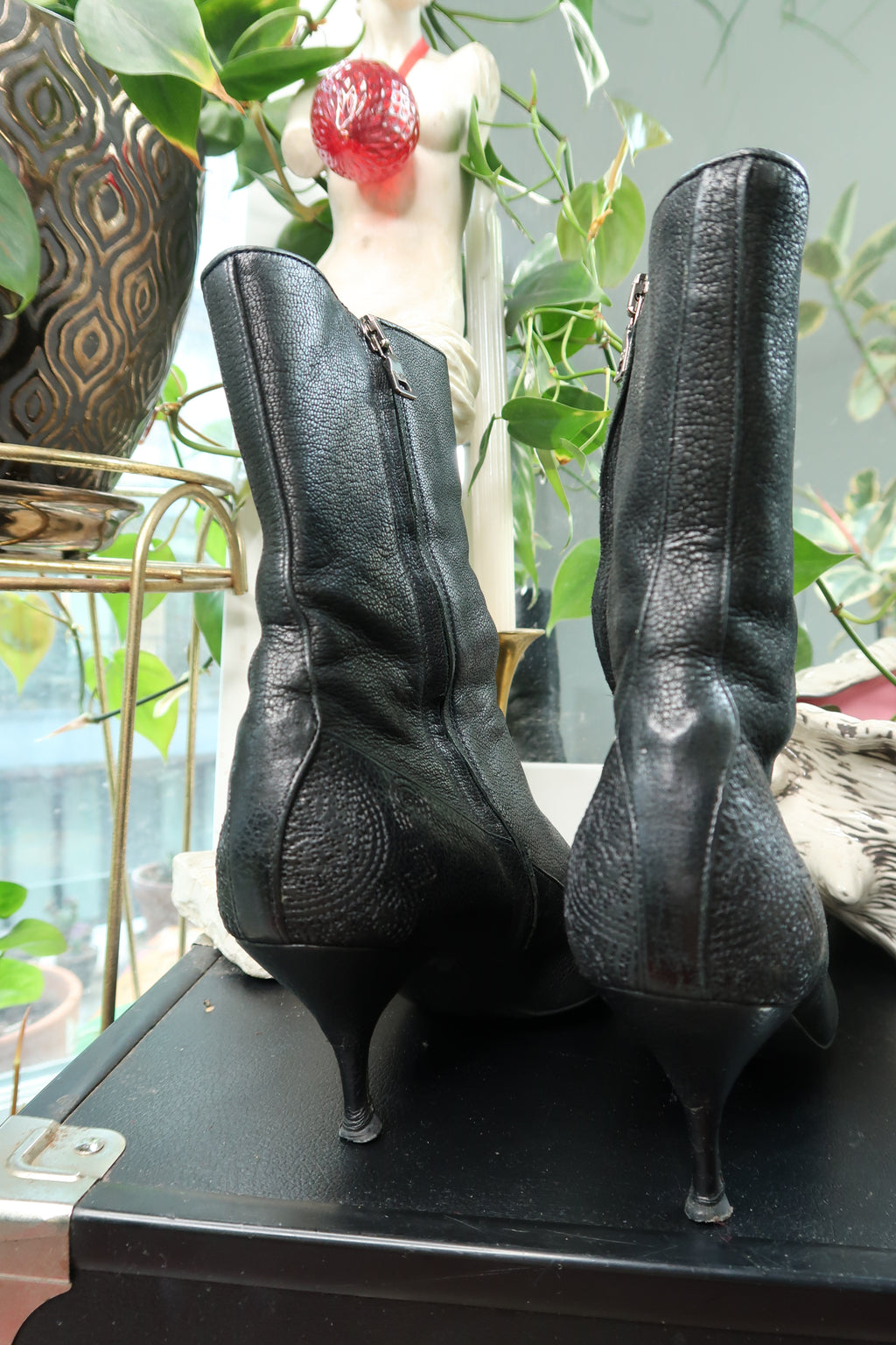 Vintage Prada Black Leather Kitten Heel Boots – Pointed Toe Mid-Calf Boots