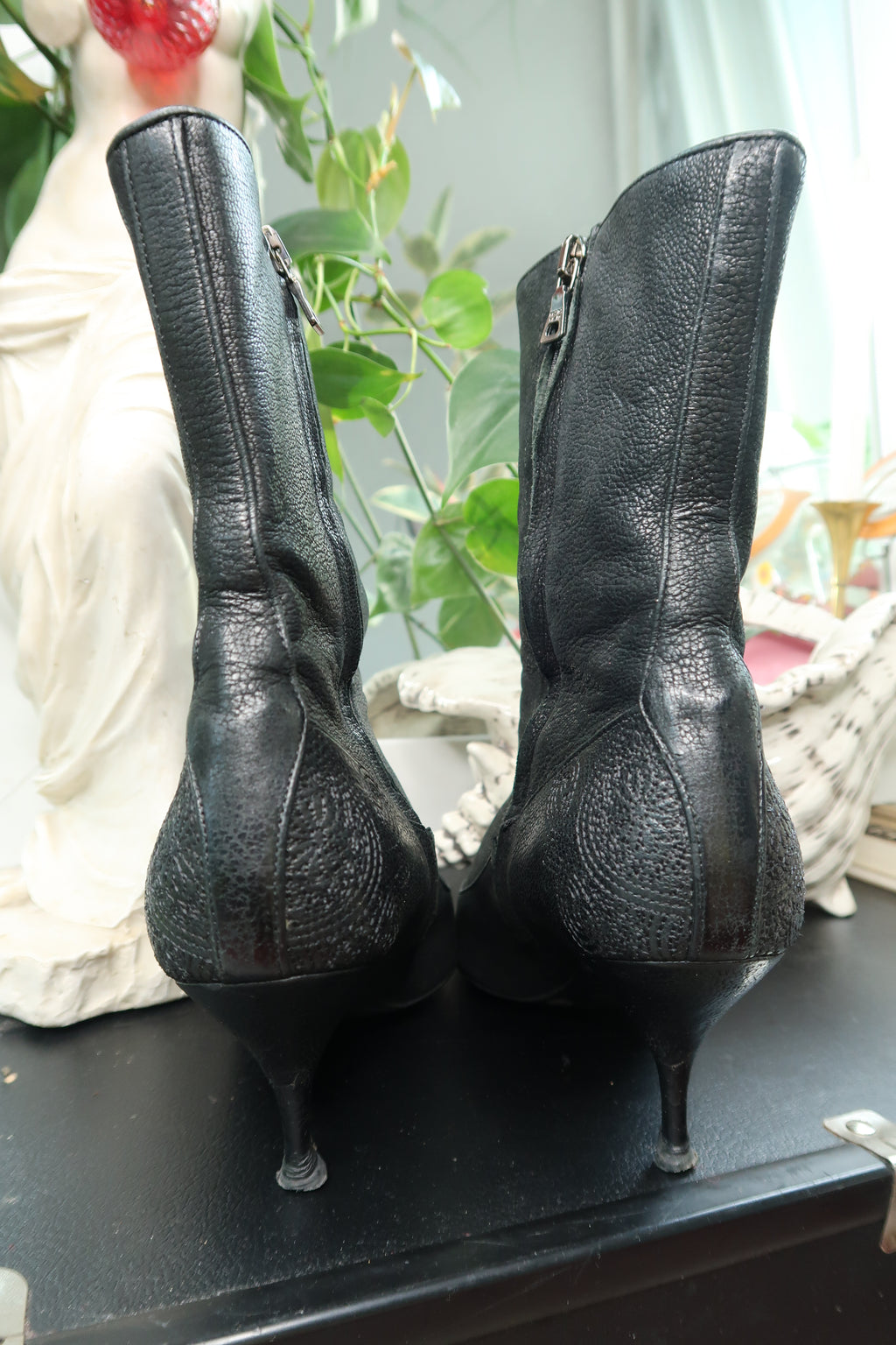 Vintage Prada Black Leather Kitten Heel Boots – Pointed Toe Mid-Calf Boots