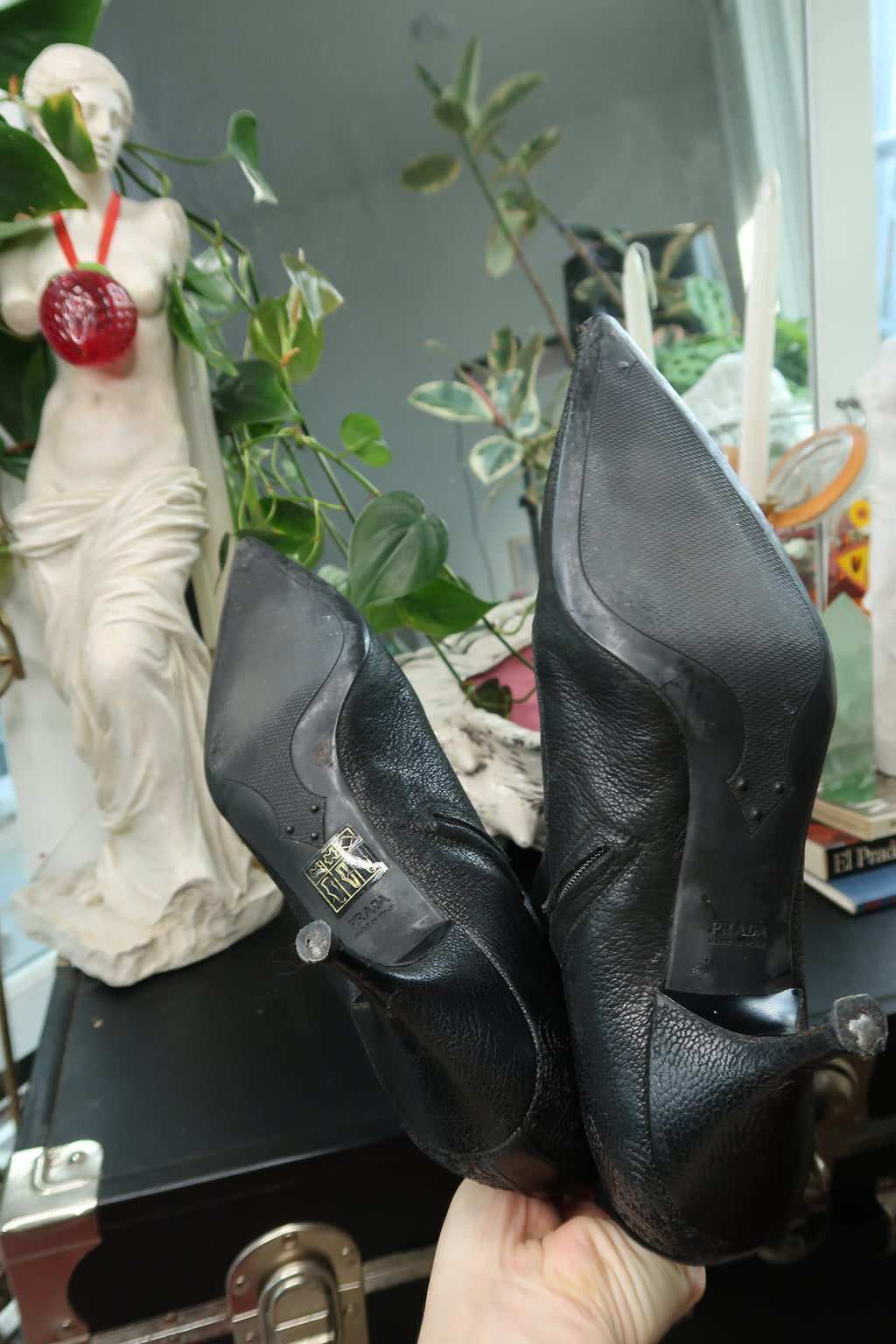 Vintage Prada Black Leather Kitten Heel Boots – Pointed Toe Mid-Calf Boots