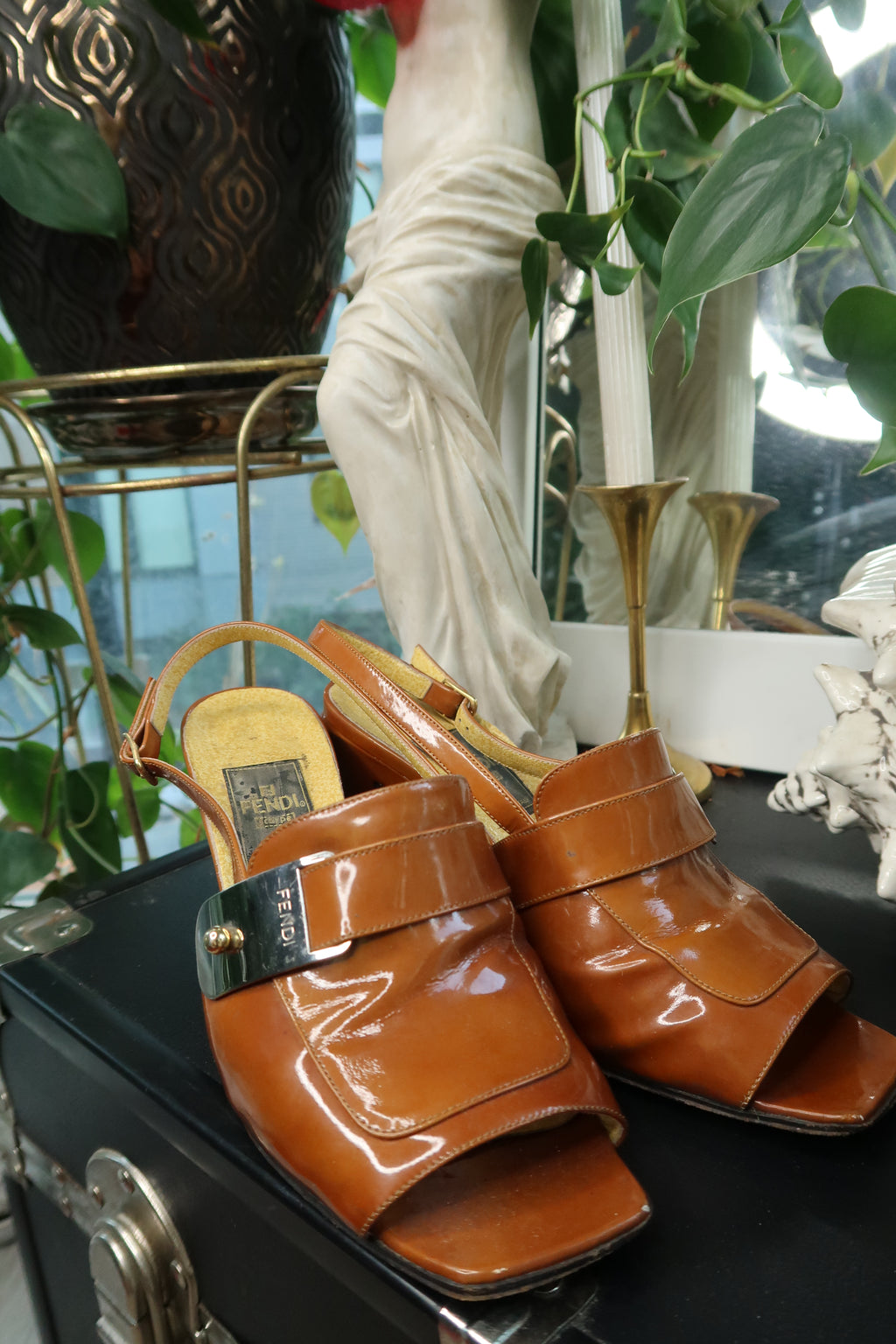 Vintage Fendi Slingback Mules – 90s/2000s Cognac Patent Leather Heels - Elektra Vintage