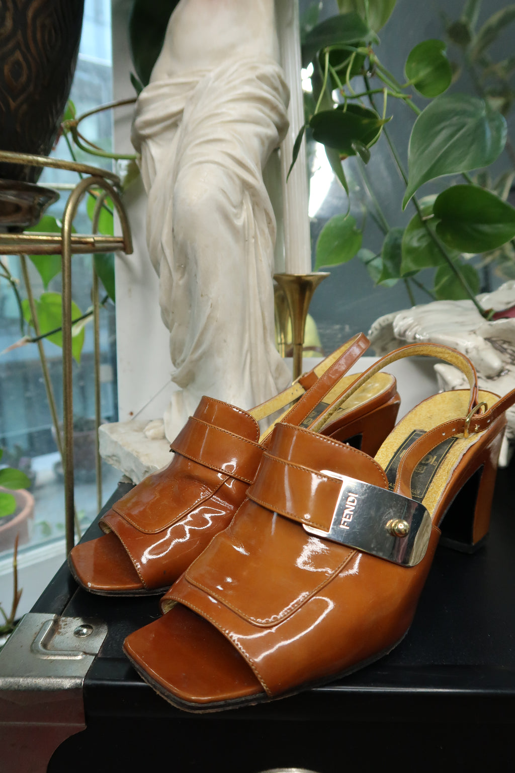Vintage Fendi Slingback Mules – 90s/2000s Cognac Patent Leather Heels - Elektra Vintage