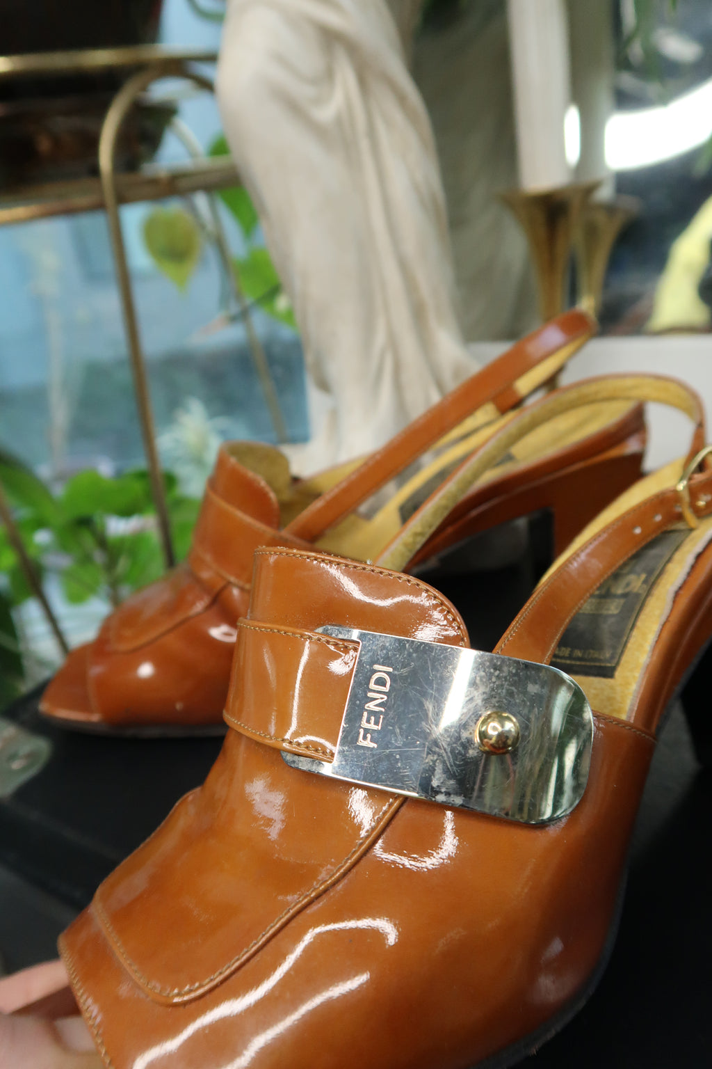 Vintage Fendi Slingback Mules – 90s/2000s Cognac Patent Leather Heels - Elektra Vintage
