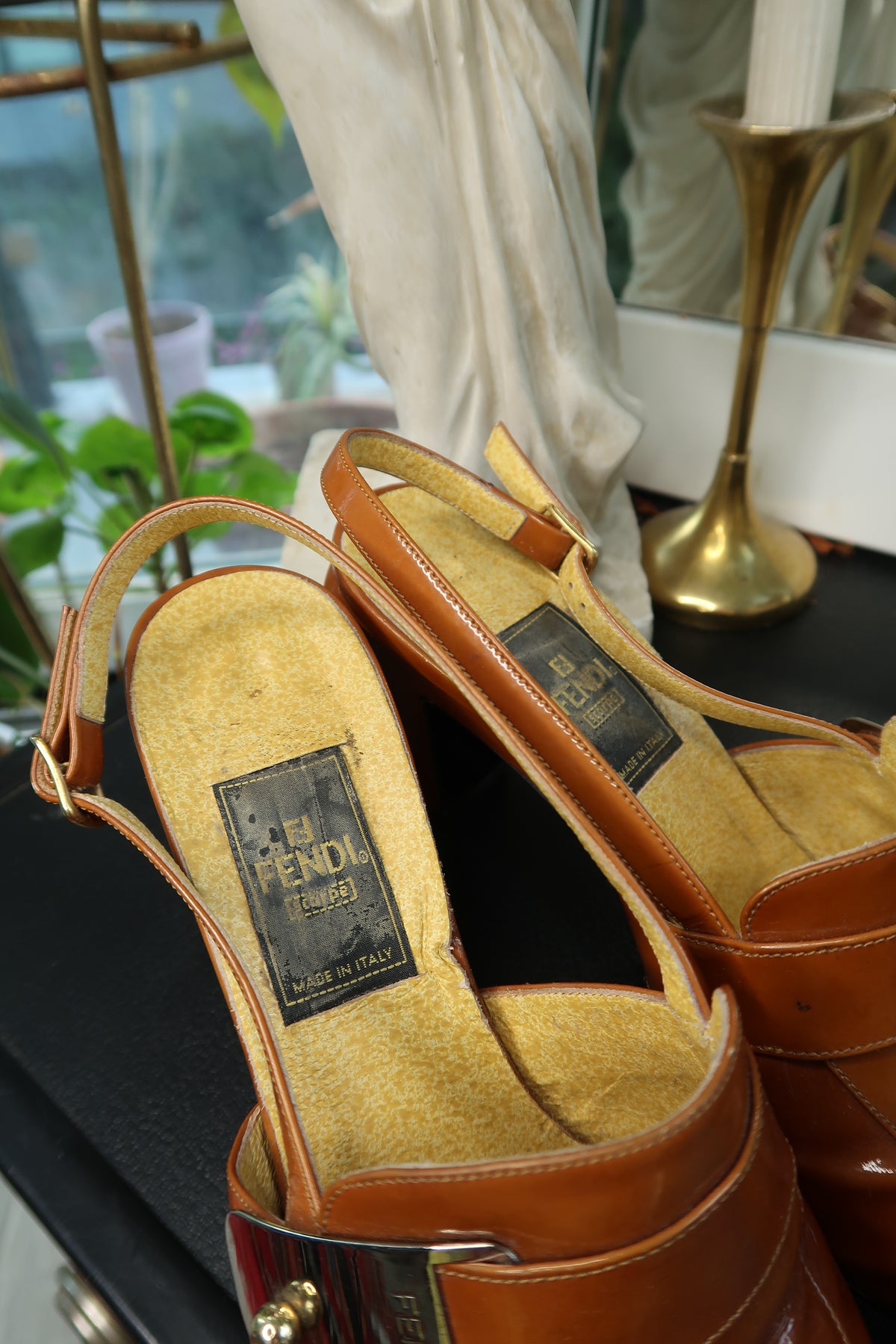 Vintage Fendi Slingback Mules – 90s/2000s Cognac Patent Leather Heels - Elektra Vintage