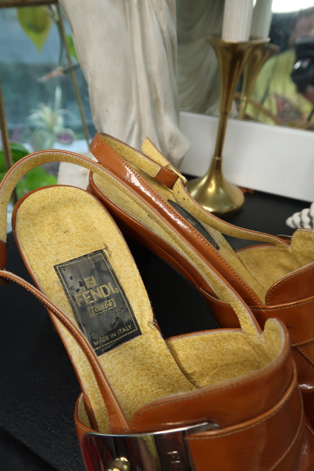 Vintage Fendi Slingback Mules – 90s/2000s Cognac Patent Leather Heels - Elektra Vintage