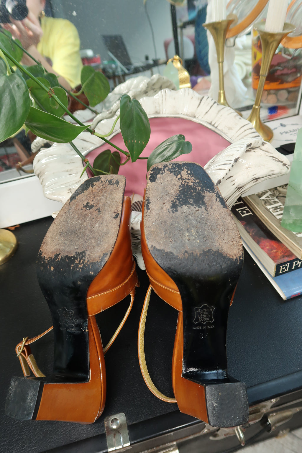 Vintage Fendi Slingback Mules – 90s/2000s Cognac Patent Leather Heels - Elektra Vintage