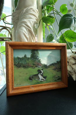 Framed picture of a dog in a field with a wooden frame on a dark surface.