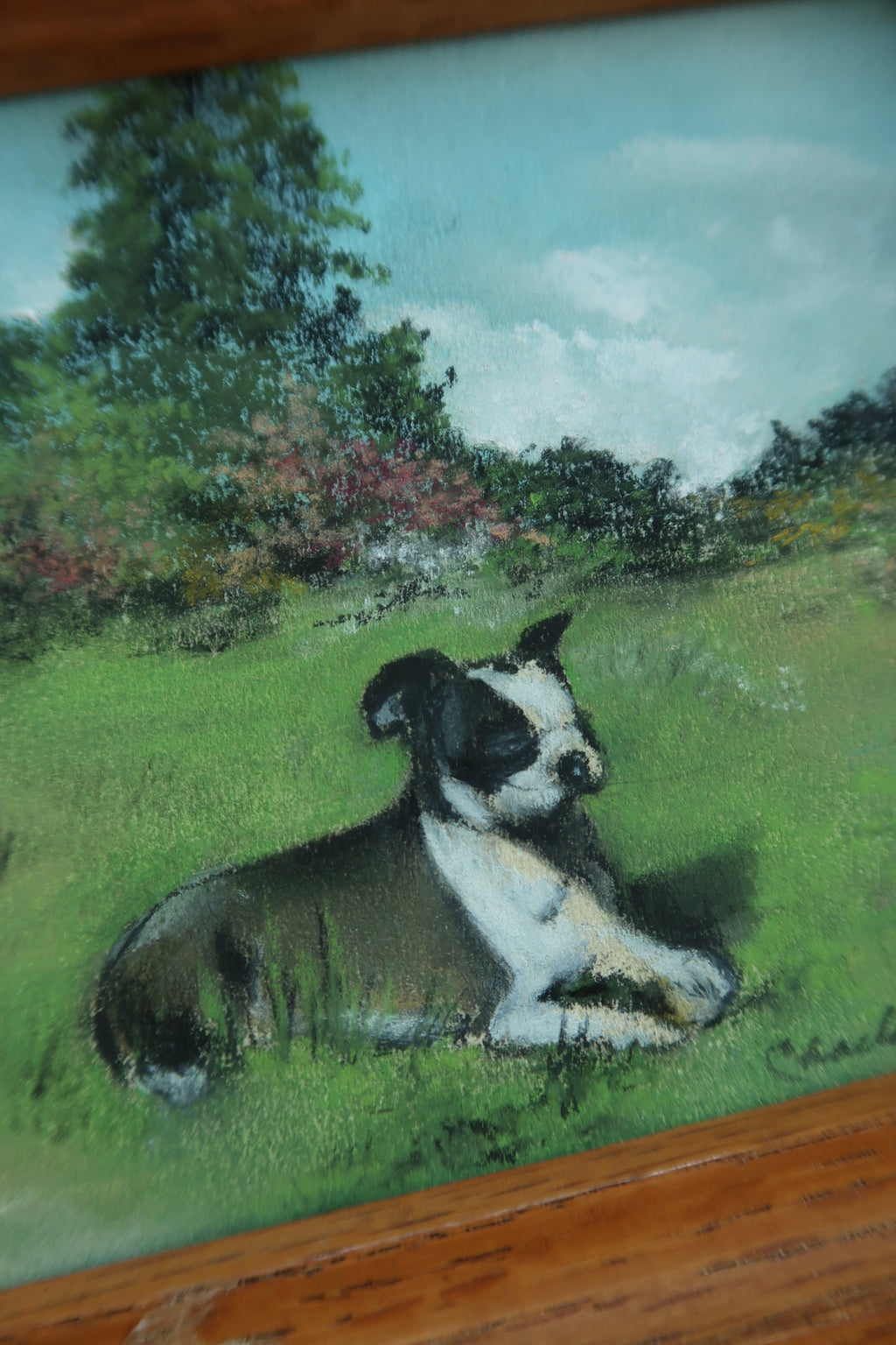 Vintage 1950s Chalk Pastel Dog Artwork – Framed Original Landscape Drawing - Elektra Vintage