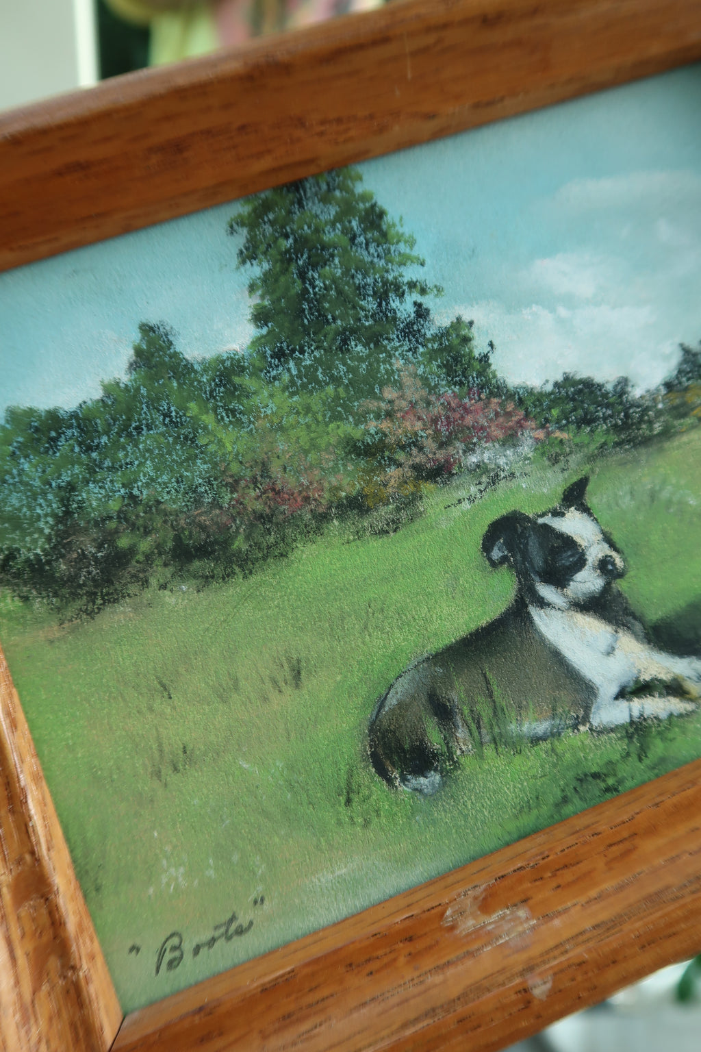 Vintage 1950s Chalk Pastel Dog Artwork – Framed Original Landscape Drawing - Elektra Vintage