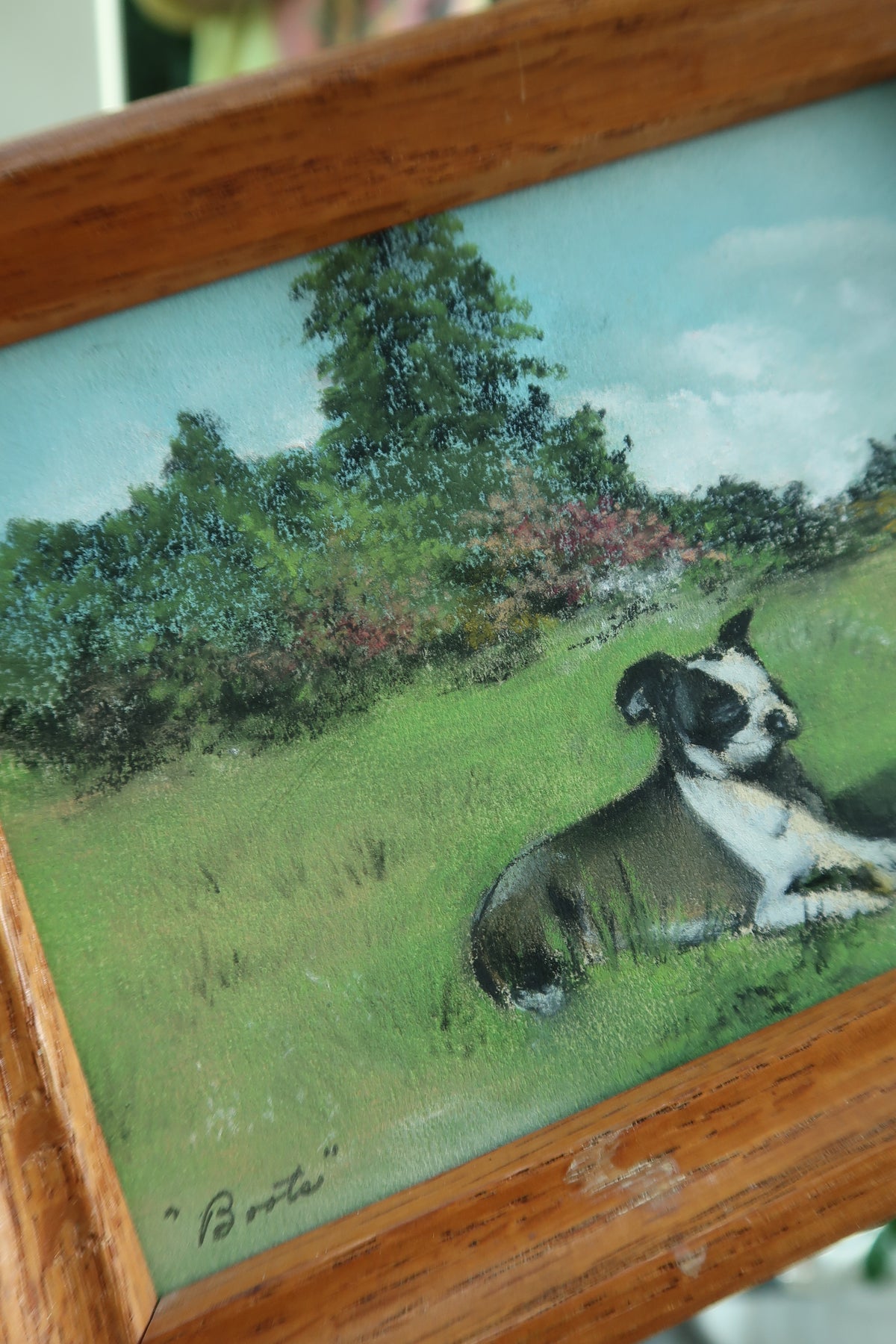 Vintage 1950s Chalk Pastel Dog Artwork – Framed Original Landscape Drawing - Elektra Vintage