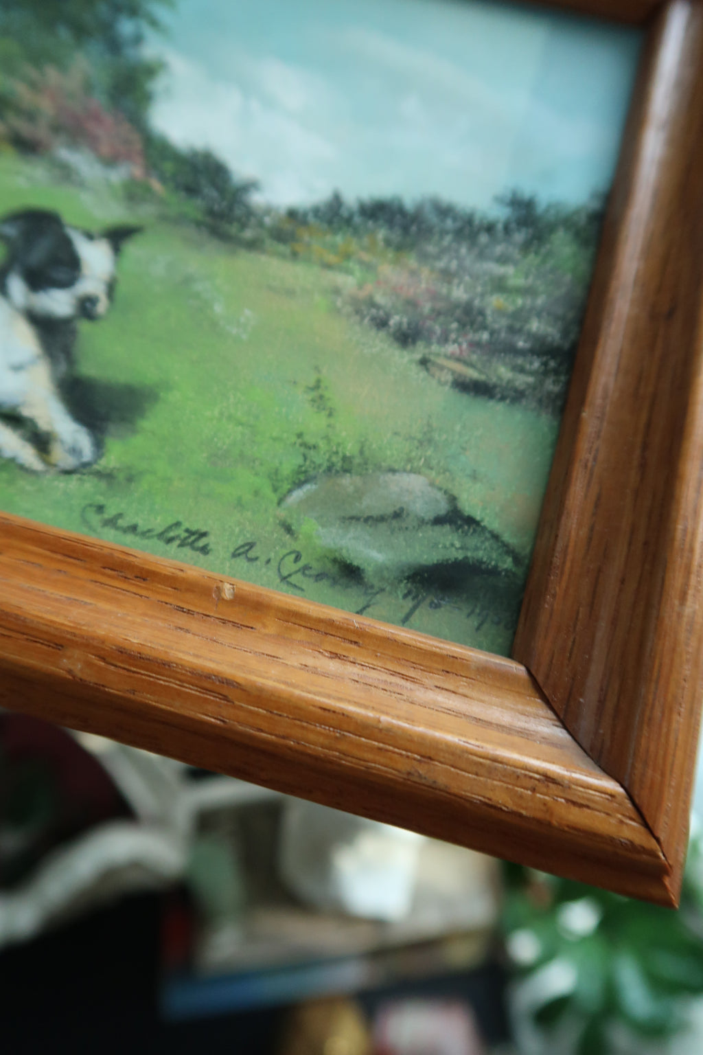 Vintage 1950s Chalk Pastel Dog Artwork – Framed Original Landscape Drawing - Elektra Vintage