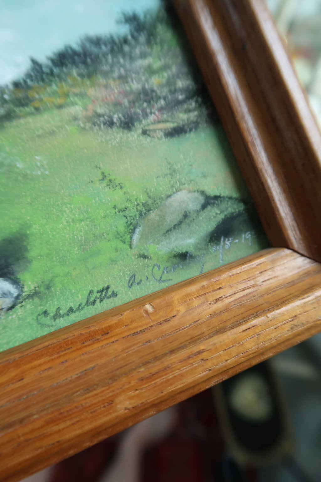 Vintage 1950s Chalk Pastel Dog Artwork – Framed Original Landscape Drawing - Elektra Vintage