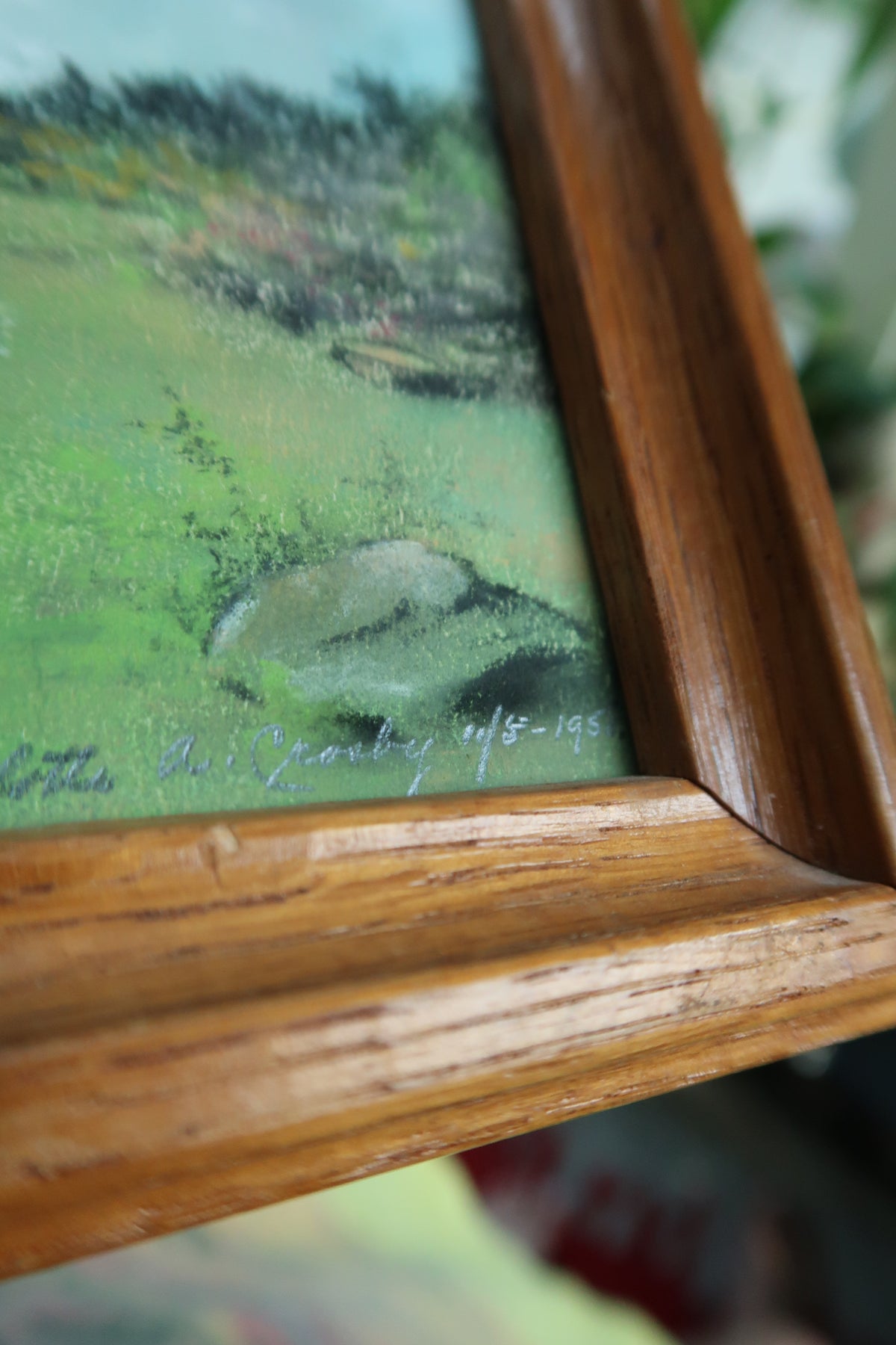 Vintage 1950s Chalk Pastel Dog Artwork – Framed Original Landscape Drawing - Elektra Vintage