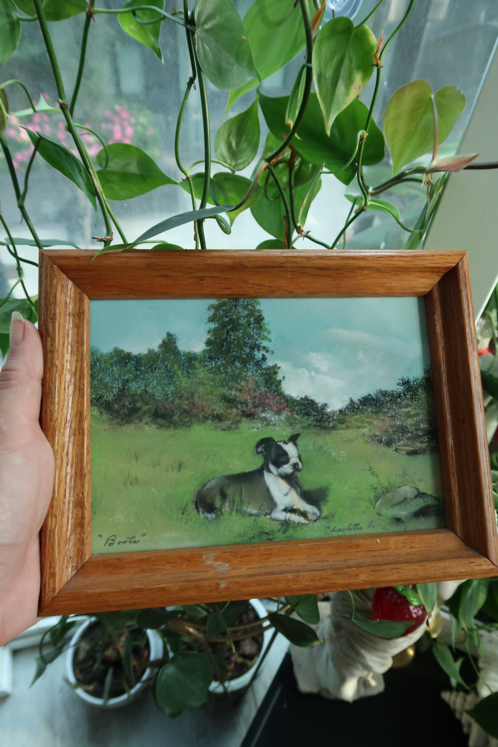 Vintage 1950s Chalk Pastel Dog Artwork – Framed Original Landscape Drawing - Elektra Vintage