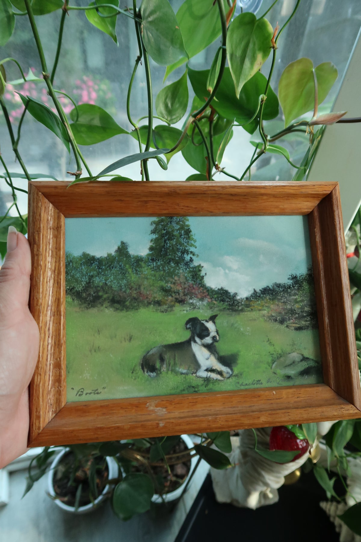 Vintage 1950s Chalk Pastel Dog Artwork – Framed Original Landscape Drawing - Elektra Vintage