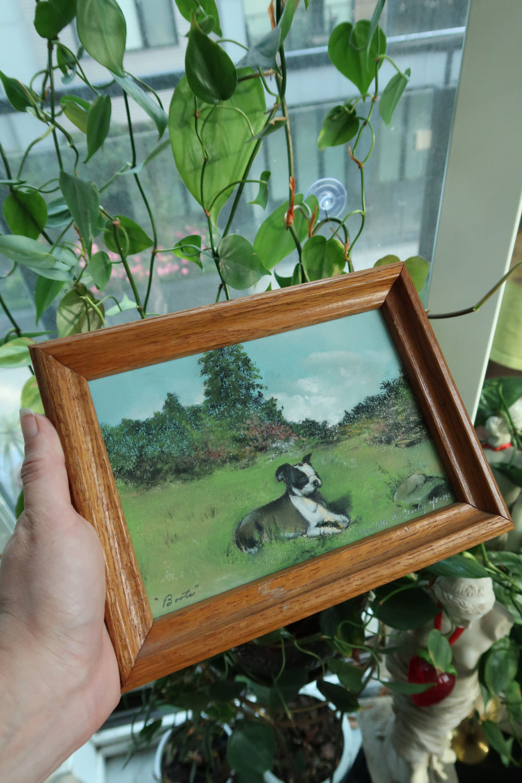 Vintage 1950s Chalk Pastel Dog Artwork – Framed Original Landscape Drawing - Elektra Vintage