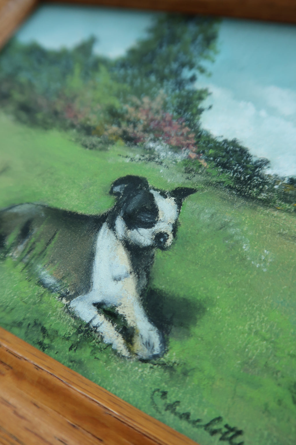 Vintage 1950s Chalk Pastel Dog Artwork – Framed Original Landscape Drawing - Elektra Vintage