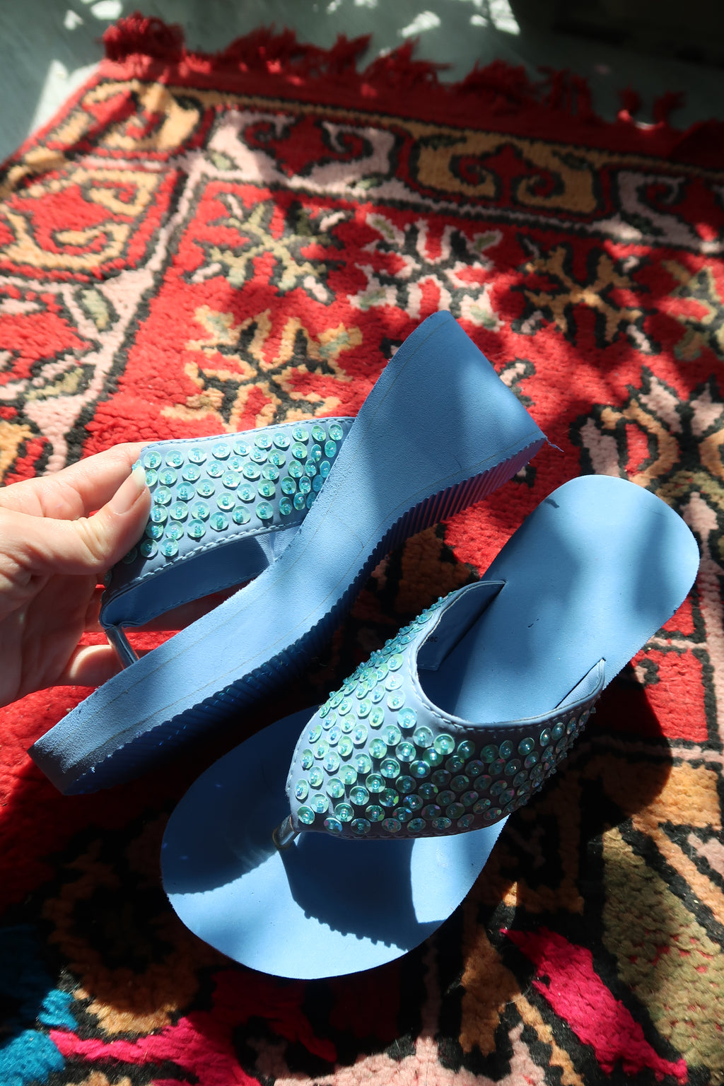 Deadstock Vintage Y2k Blue Sequin Platform Flip Flops - 2000s Beaded Sandals - Elektra Vintage
