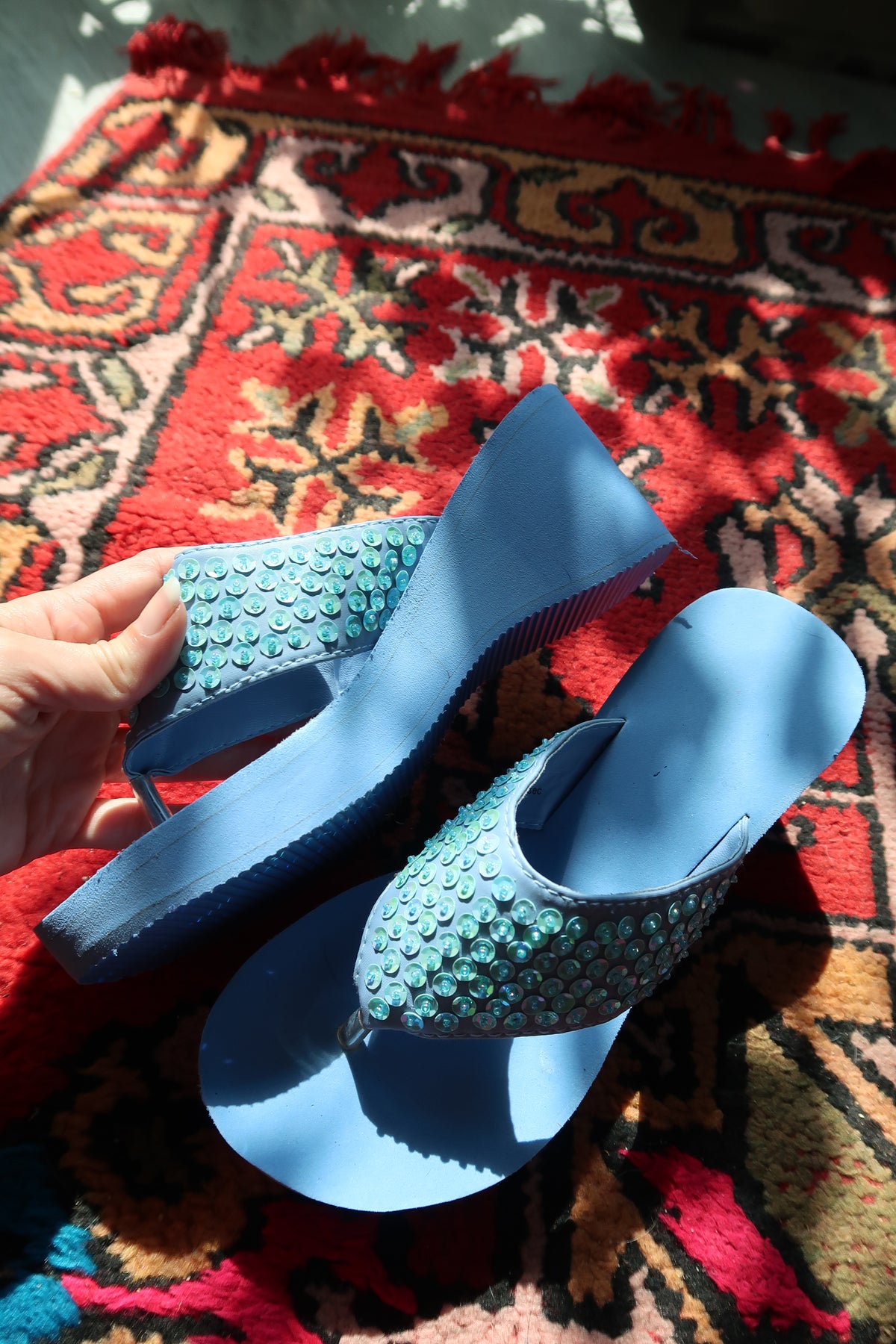 Deadstock Vintage Y2k Blue Sequin Platform Flip Flops - 2000s Beaded Sandals - Elektra Vintage