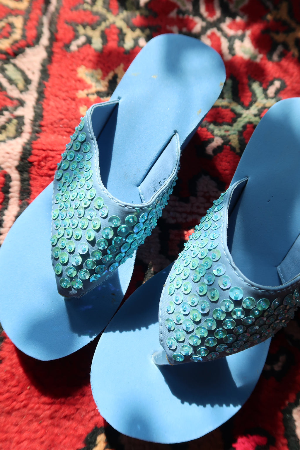 Deadstock Vintage Y2k Blue Sequin Platform Flip Flops - 2000s Beaded Sandals - Elektra Vintage