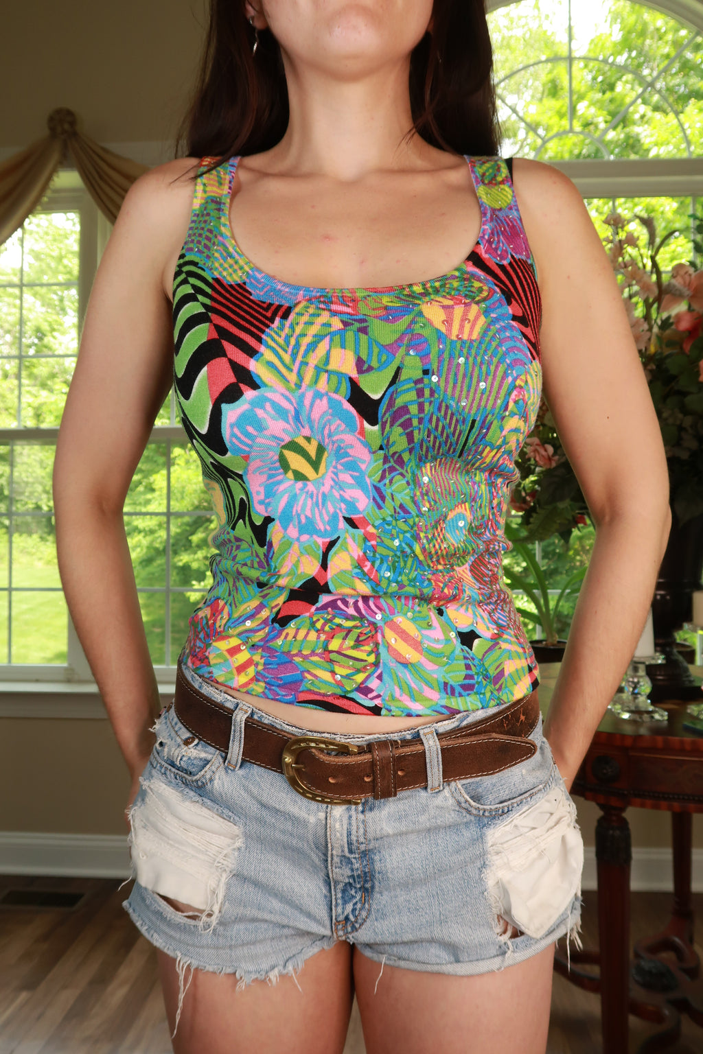 Vintage Y2K Psychedelic Floral Twin Set top from Elektra Vintage, featuring vibrant floral patterns on a women's retro top.