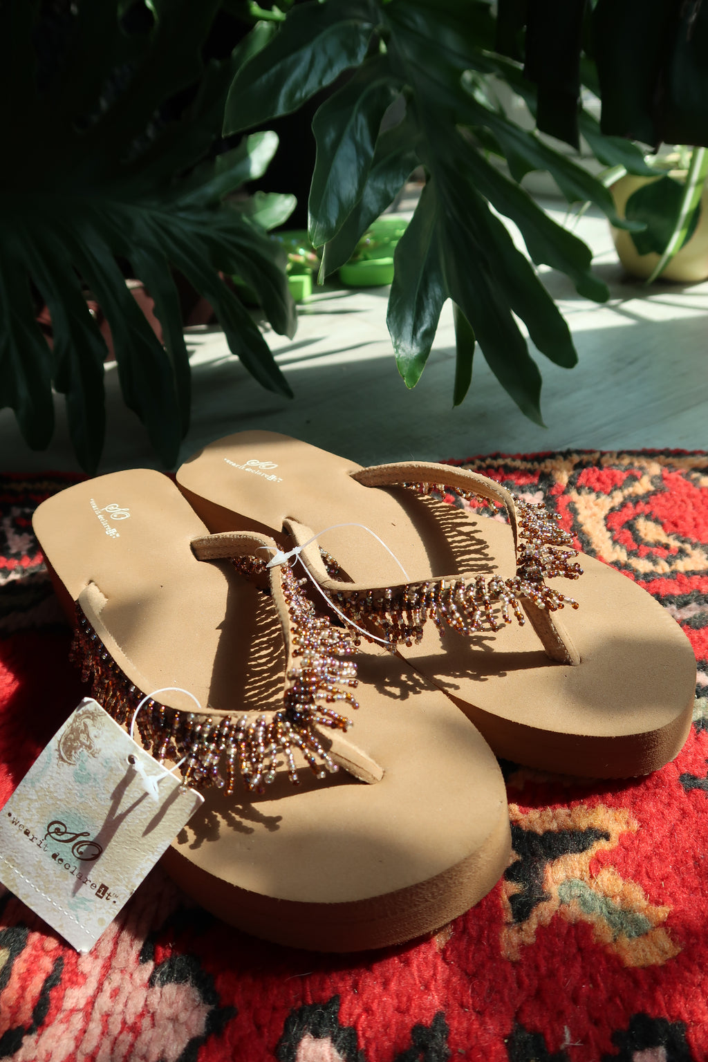 Deadstock Vintage Y2k Beaded Brown Flip Flops - NWT Vintage 2000s Flip Flops