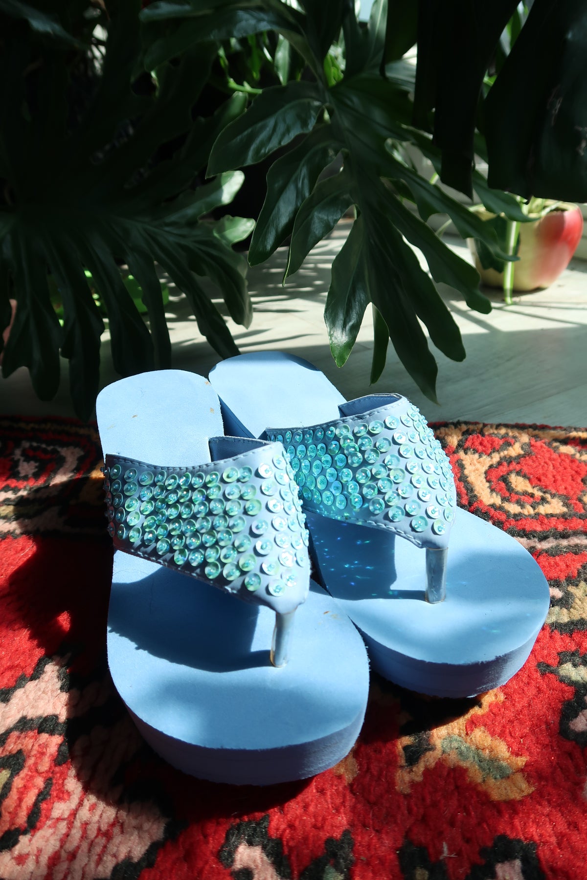Deadstock Vintage Y2k Blue Sequin Platform Flip Flops - 2000s Beaded Sandals - Elektra Vintage