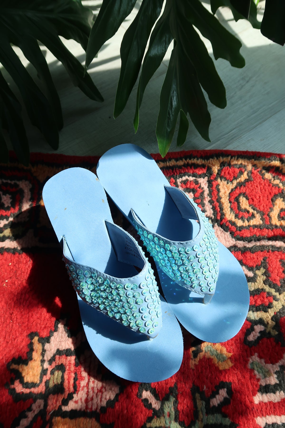 Deadstock Vintage Y2k Blue Sequin Platform Flip Flops - 2000s Beaded Sandals - Elektra Vintage