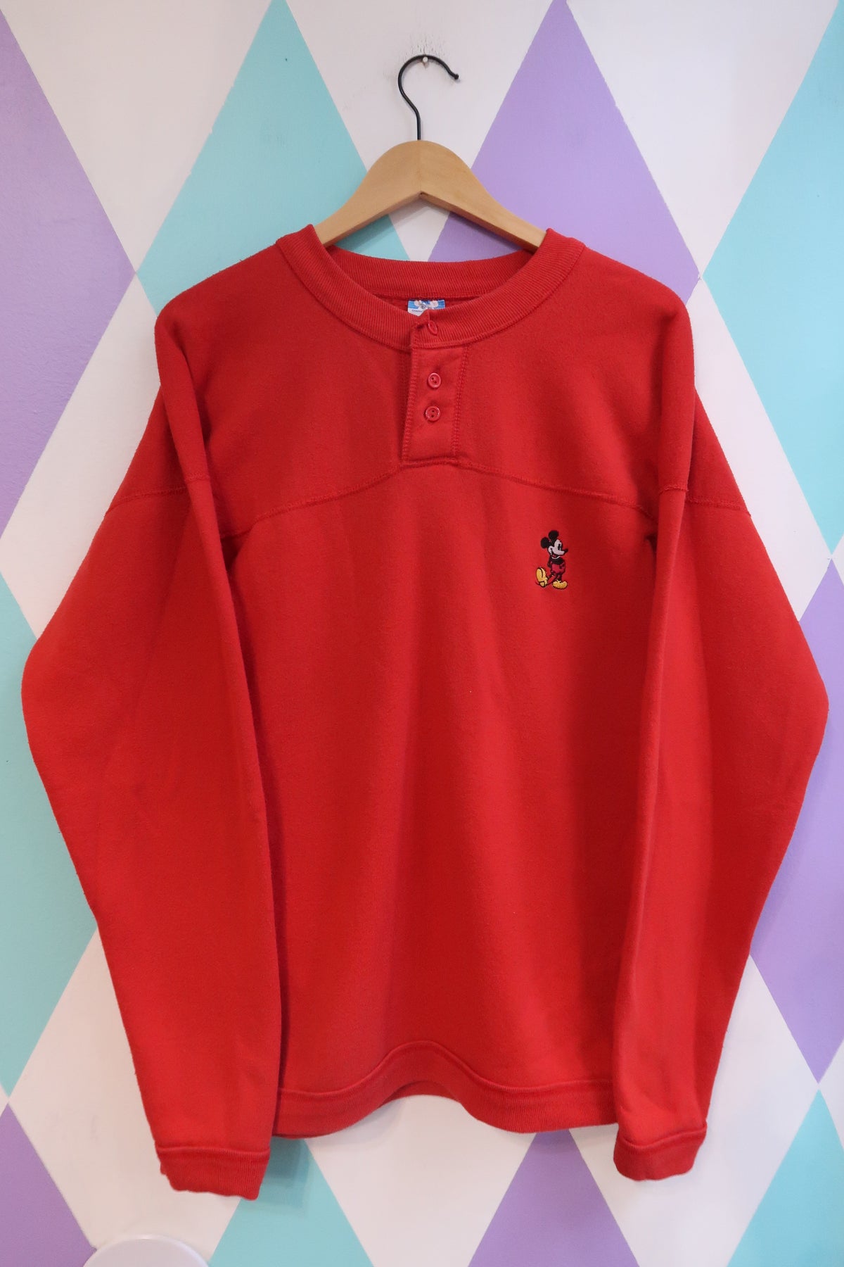 Vintage Mickey Mouse Embroidered Red Henley Sweatshirt