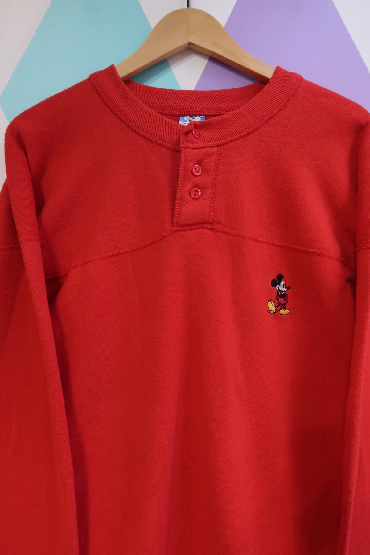 Vintage Mickey Mouse Embroidered Red Henley Sweatshirt