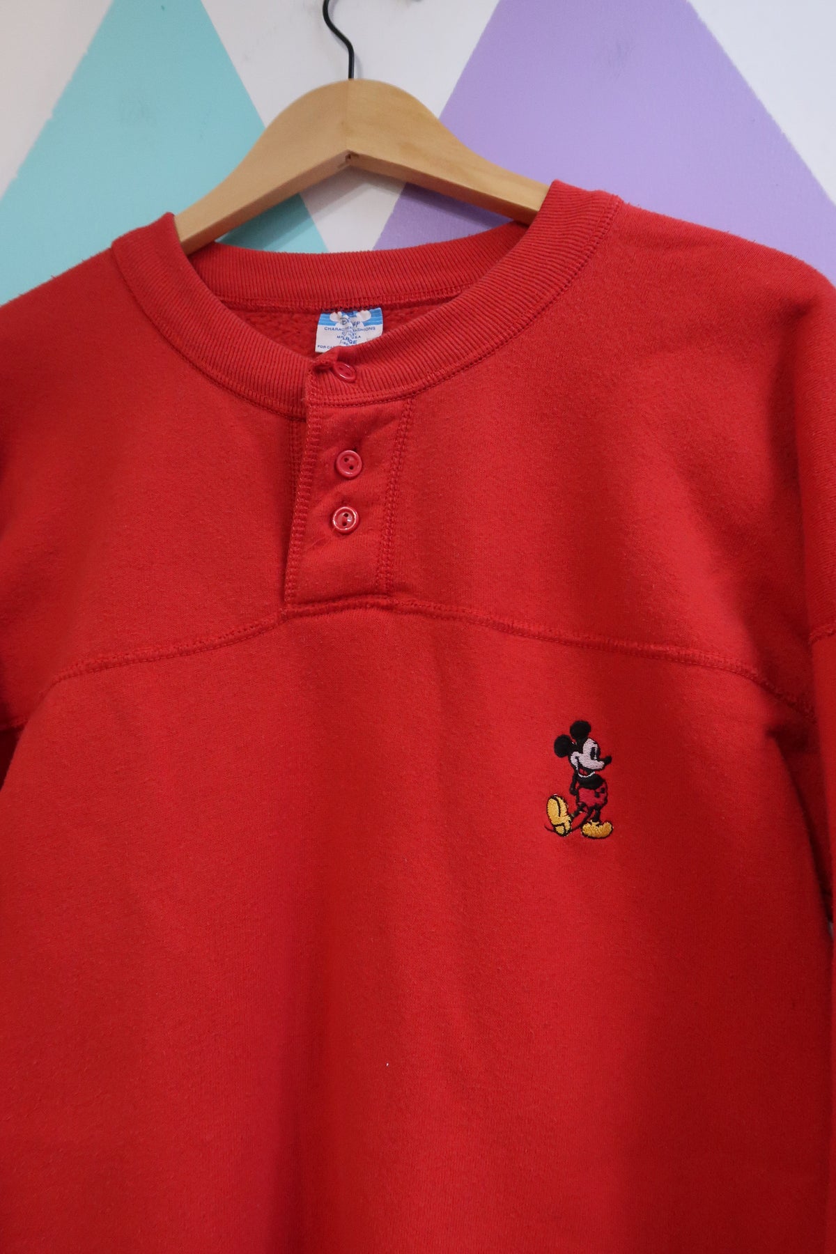 Vintage Mickey Mouse Embroidered Red Henley Sweatshirt