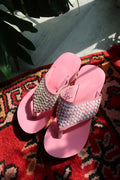 Deadstock vintage Y2K pink sequin platform flip flops with beaded detailing by Elektra Vintage, 2000s style sandals.