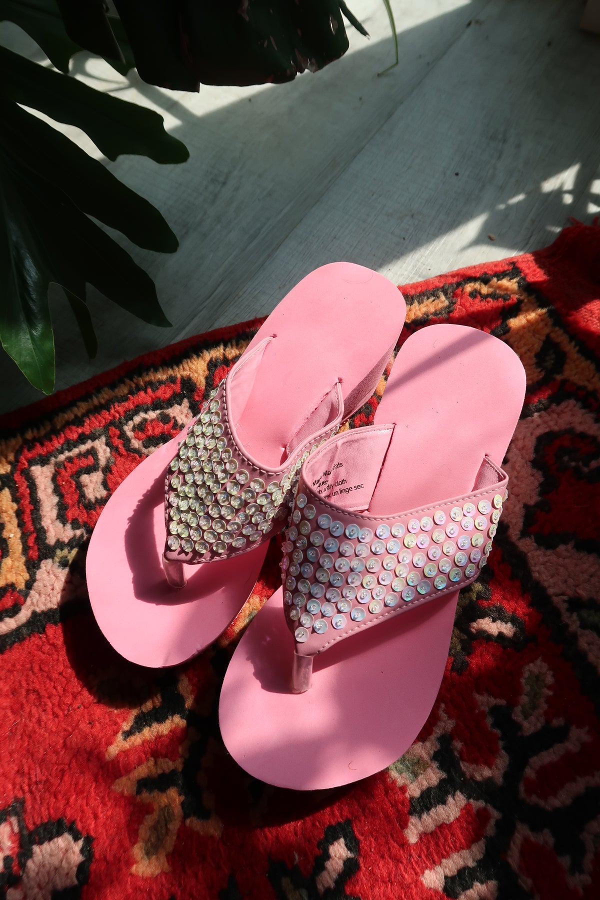 Deadstock Vintage Y2k Pink Sequin Platform Flip Flops - 2000s Beaded Sandals