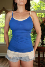 Load image into Gallery viewer, Vintage Elektra Women's Y2K cobalt blue layered lace cami top, featuring intricate lace details and a stylish layered design.
