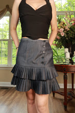 Load image into Gallery viewer, Women's vintage Y2K charcoal blue pleated ruffle mini skirt by Elektra Vintage, shown with detailed ruffle and pleats.
