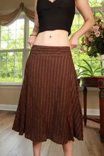 Load image into Gallery viewer, Vintage Elektra Y2K brown metallic pinstripe midi skirt with a high waist and flowing silhouette, perfect for retro fashion styles.
