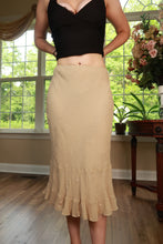 Load image into Gallery viewer, Beige vintage Y2K silk midi skirt with embroidered details and ruffle hem, by Elektra Vintage.
