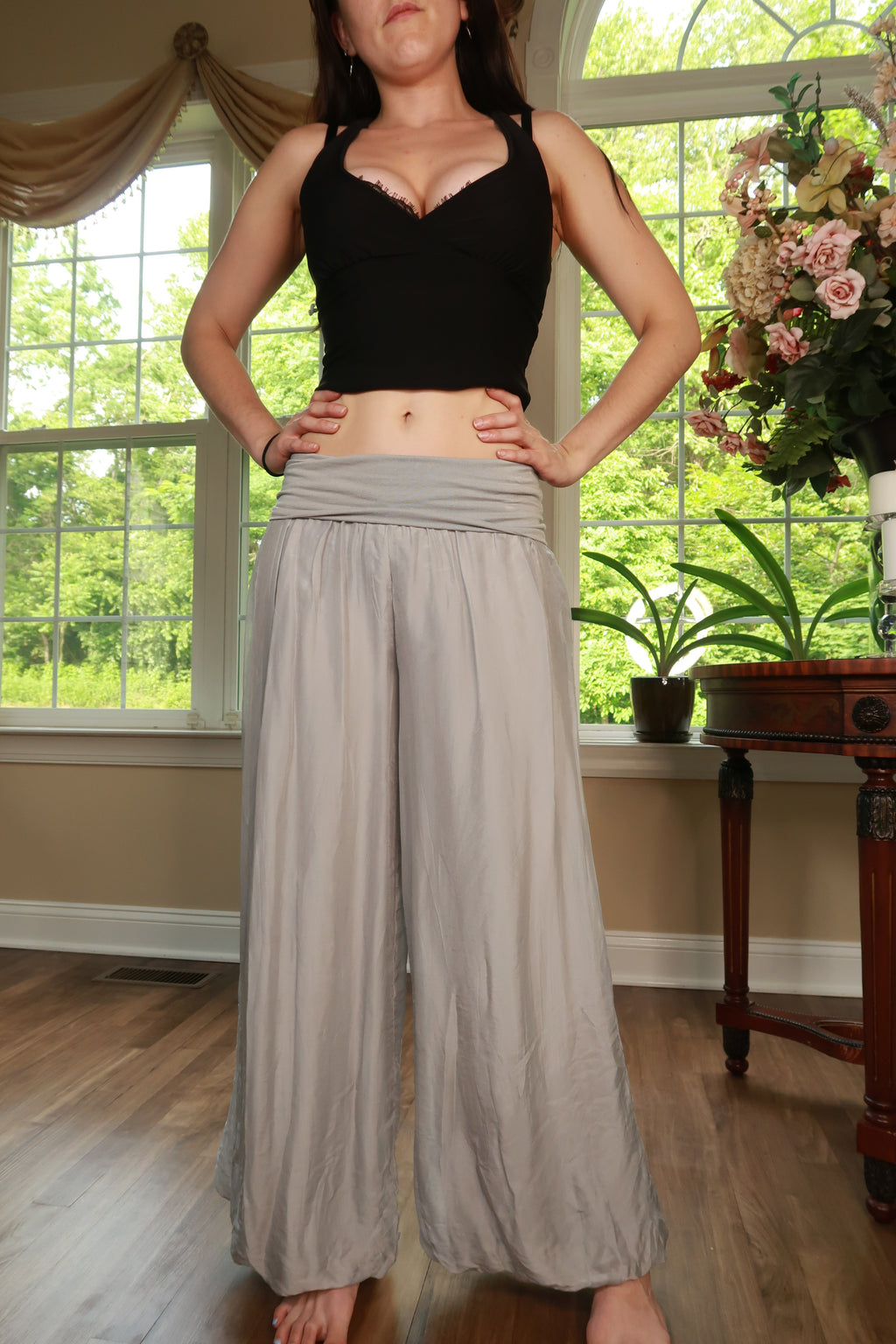 Elektra Vintage silver gray Y2K silk blend wide-leg palazzo pants for women, flowing and stylish bottomwear with a vintage vibe