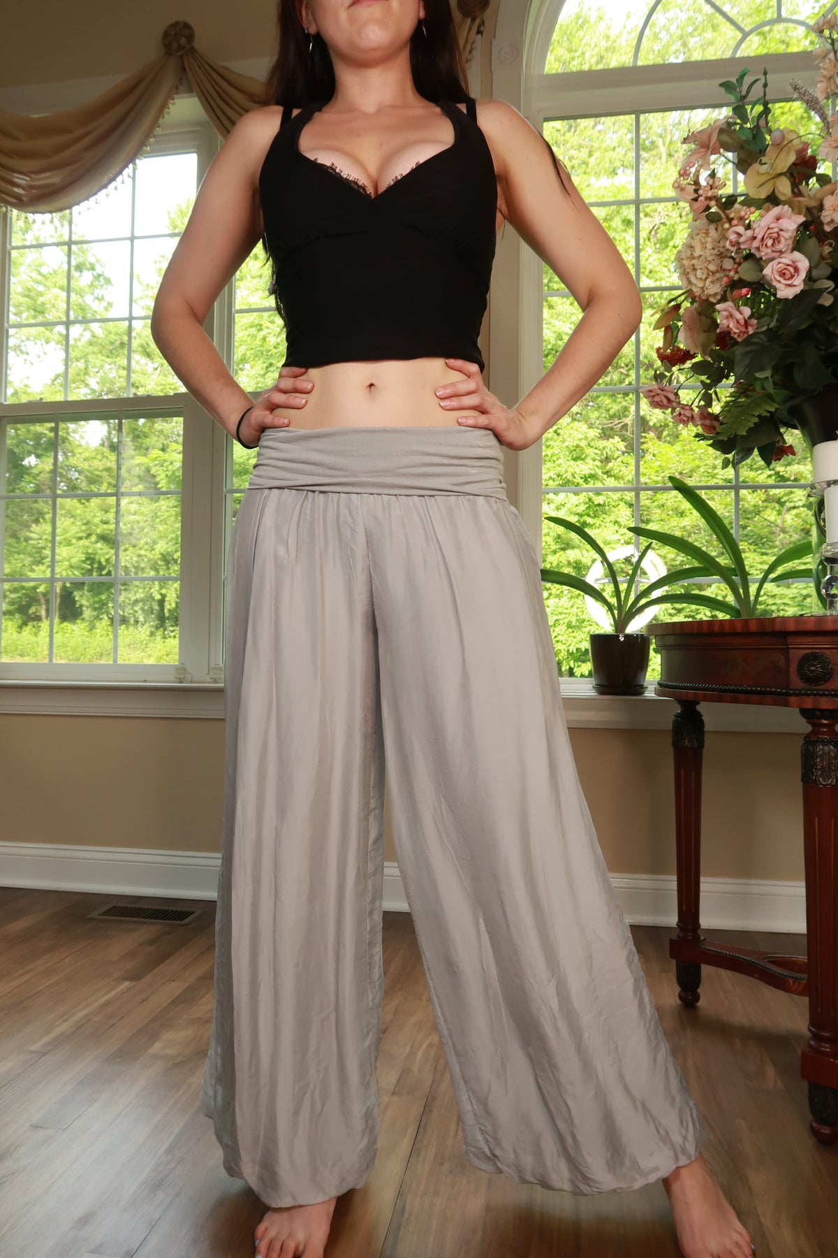 Elektra Vintage women's wide-leg palazzo pants in silver gray silk blend, vintage Y2K style with flowy, relaxed fit.