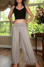 Load image into Gallery viewer, Elektra Vintage women's wide-leg palazzo pants in silver gray silk blend, vintage Y2K style with flowy, relaxed fit.
