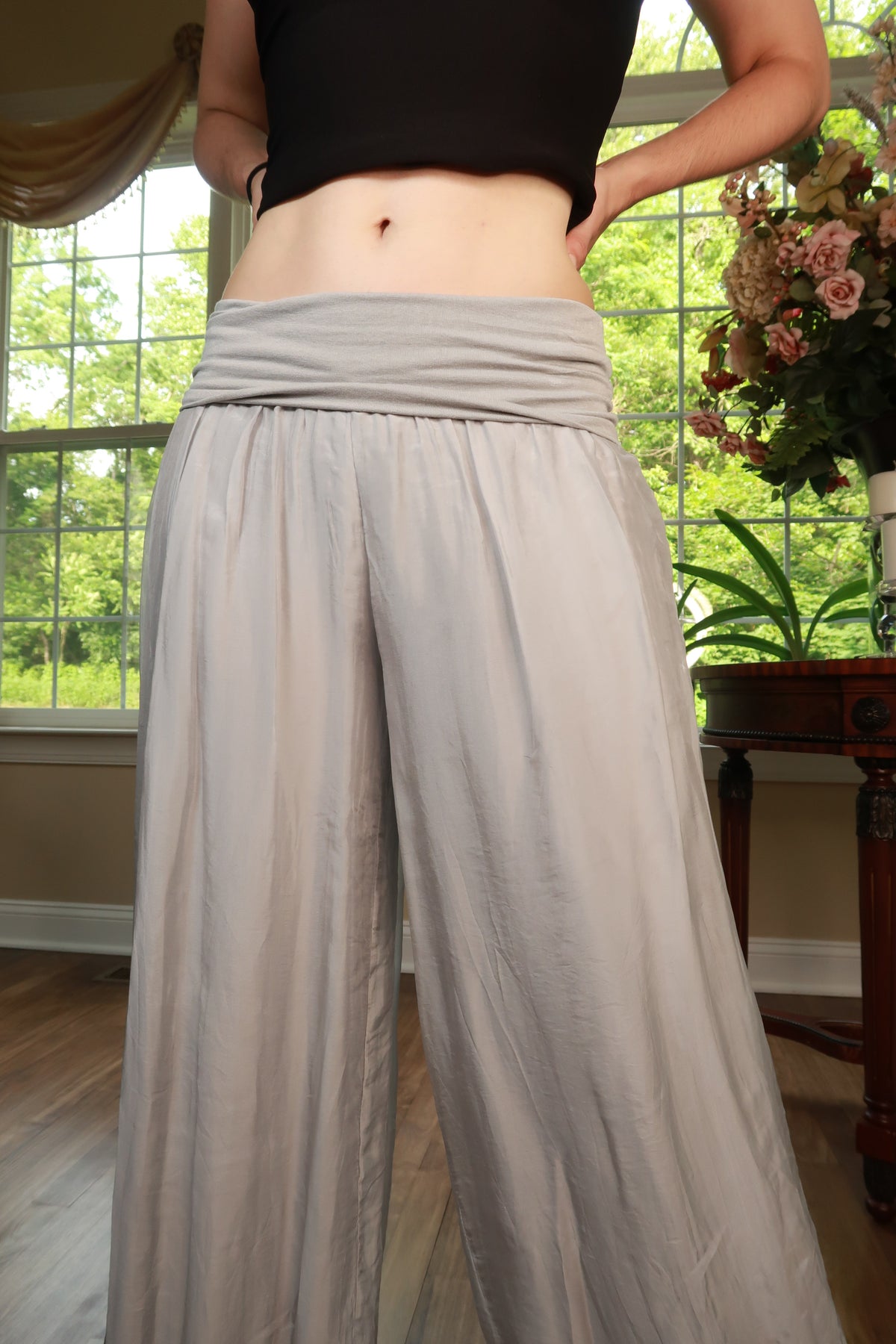 Elektra Vintage silver gray Y2K silk blend wide leg palazzo pants for women, stylish vintage women's bottoms with flowing wide legs.