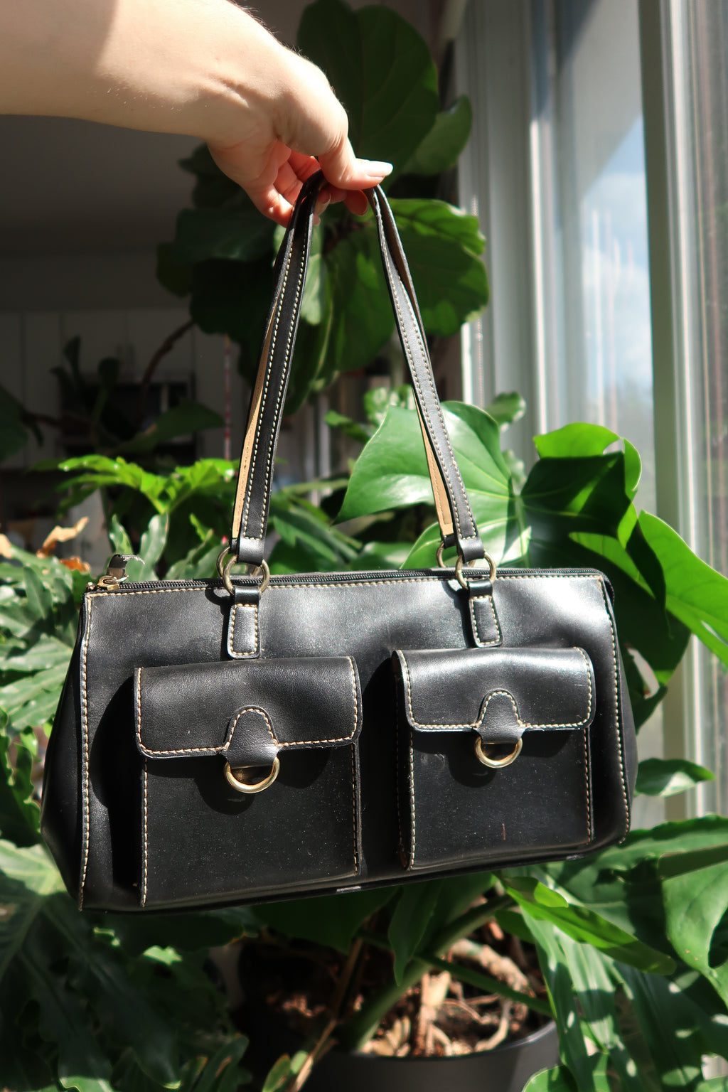 Vintage 2000s Black Faux Leather Double Pocket Shoulder Bag